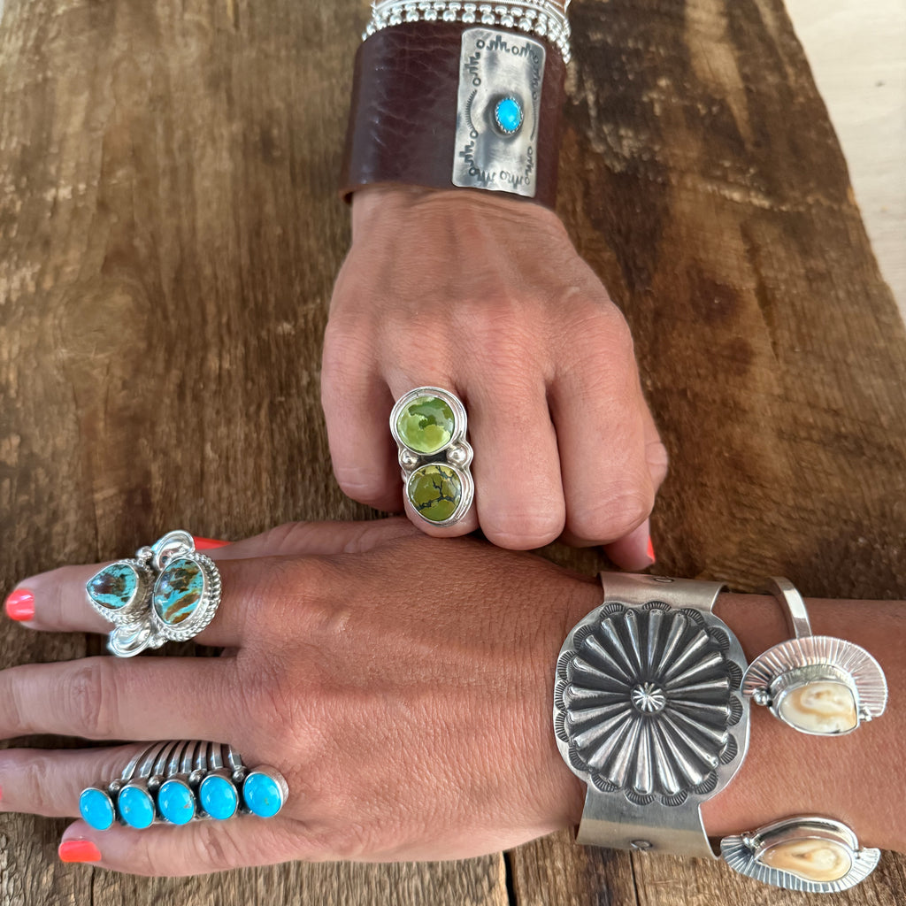 Authentic Native American Handmade Sterling Silver and Turquoise Double Stack Ring Size 7.