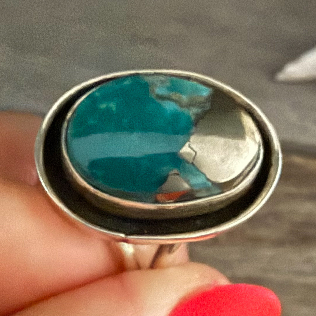 Authentic Native American Handmade Sterling Silver and Candelaria Hills Variscite with Pyrite inclusion size 7 1/2.