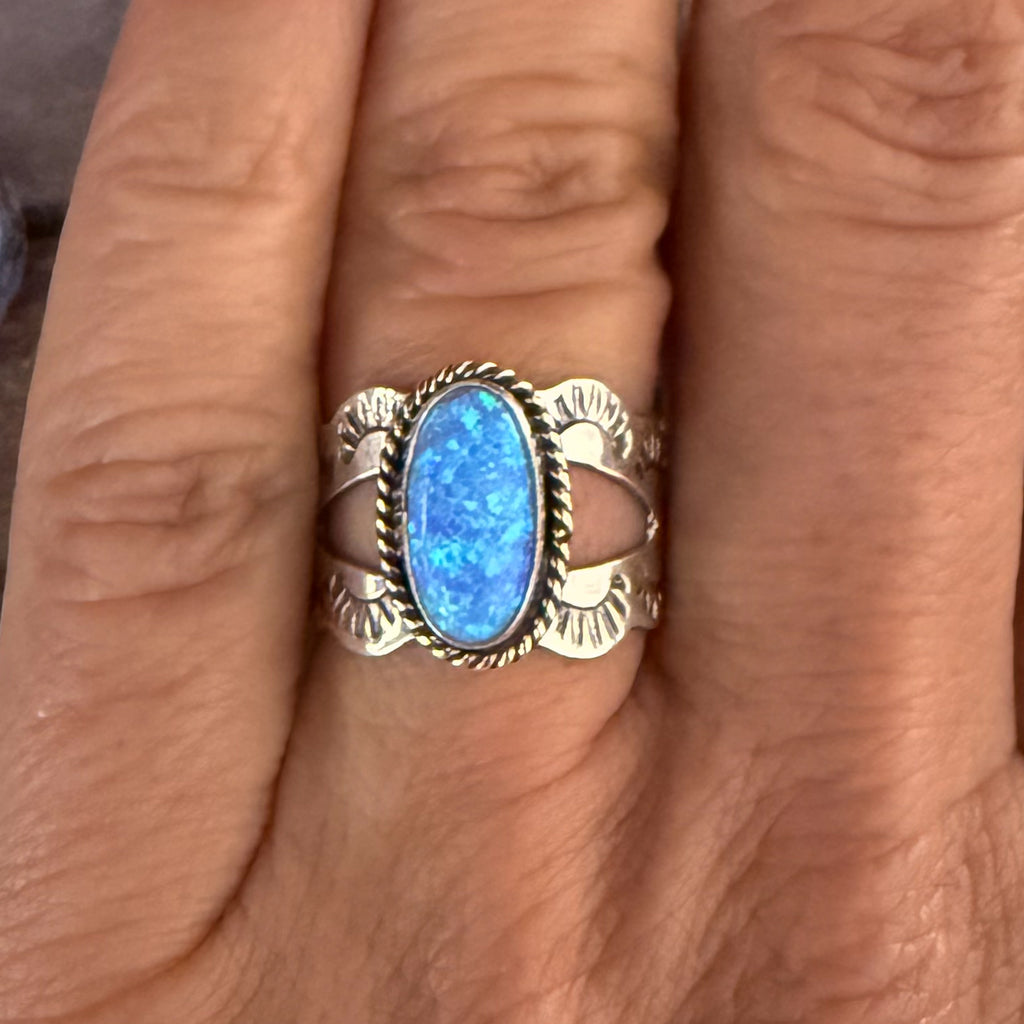 Authentic Native American Handmade Stamped Sterling Silver and Opal Ring size 6 1/4.