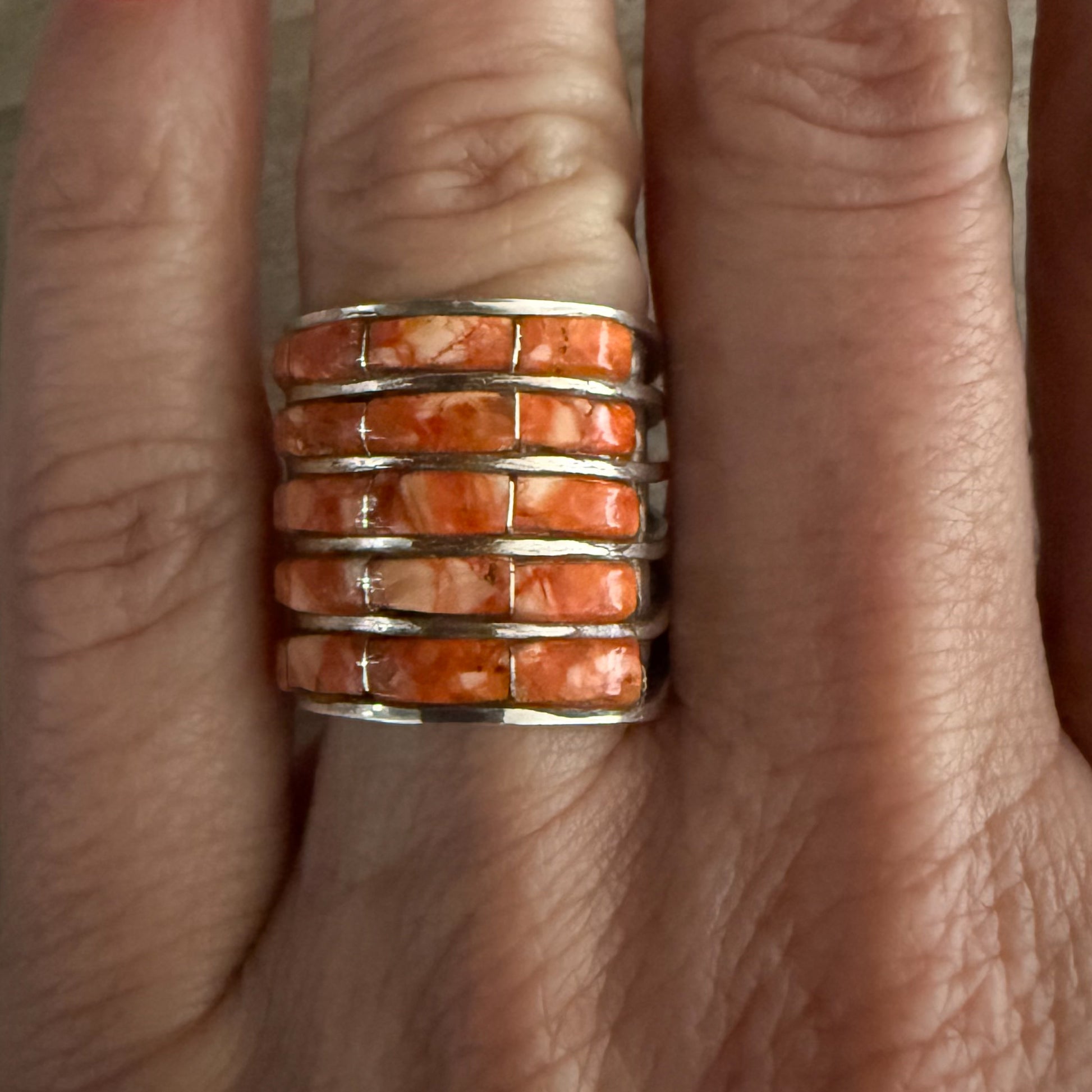 Authentic Native American Handmade Sterling Silver and Orange Spiny Oyster Zuni Inlay Ring size 7 1/2.