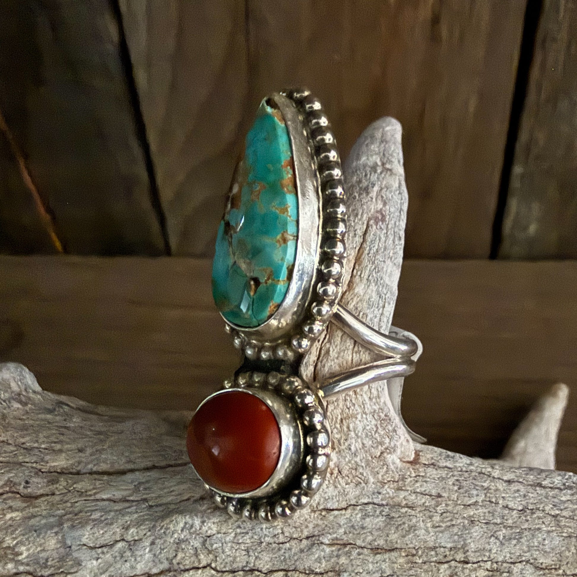 Authentic Native American Handmade Red Jasper and Turquoise Ring Size 7 1/2.
