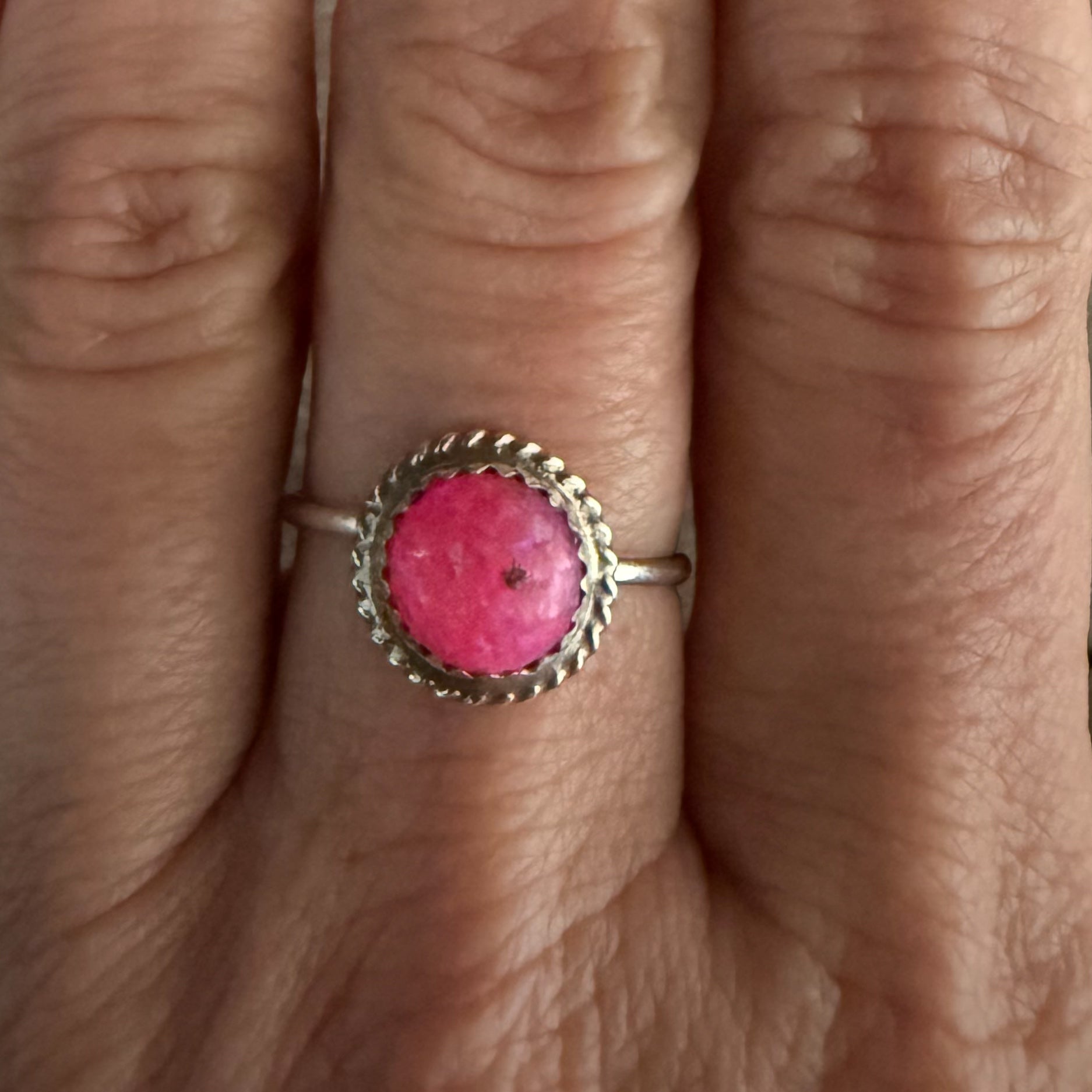 Authentic Native American Handmade Sterling Silver and Hot Pink Opal Ring size 8 1/4.