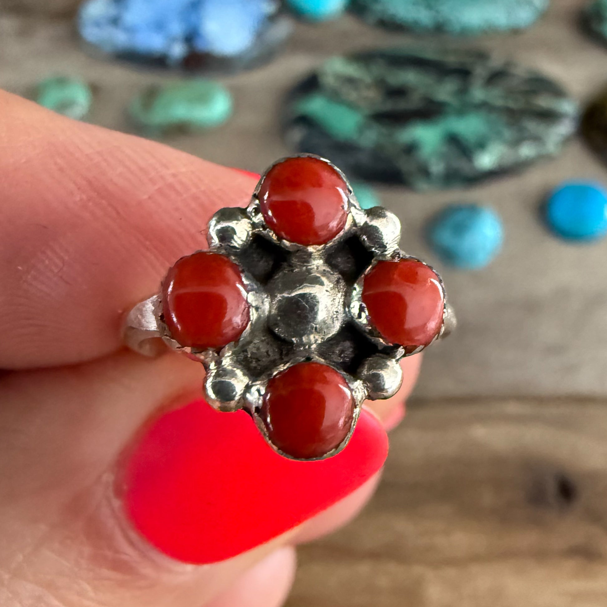 Authentic Native American Handmade Sterling Silver and Coral Floral Ring size 4 1/2.