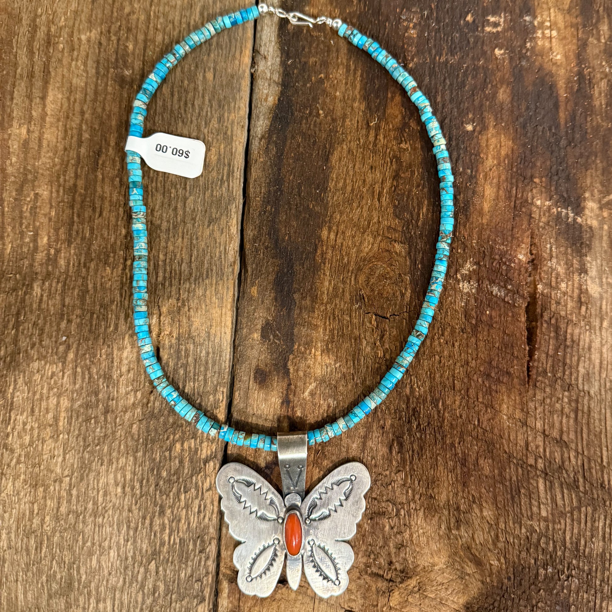 Authentic Native American Handmade Sterling Silver and Coral Butterfly Pendant