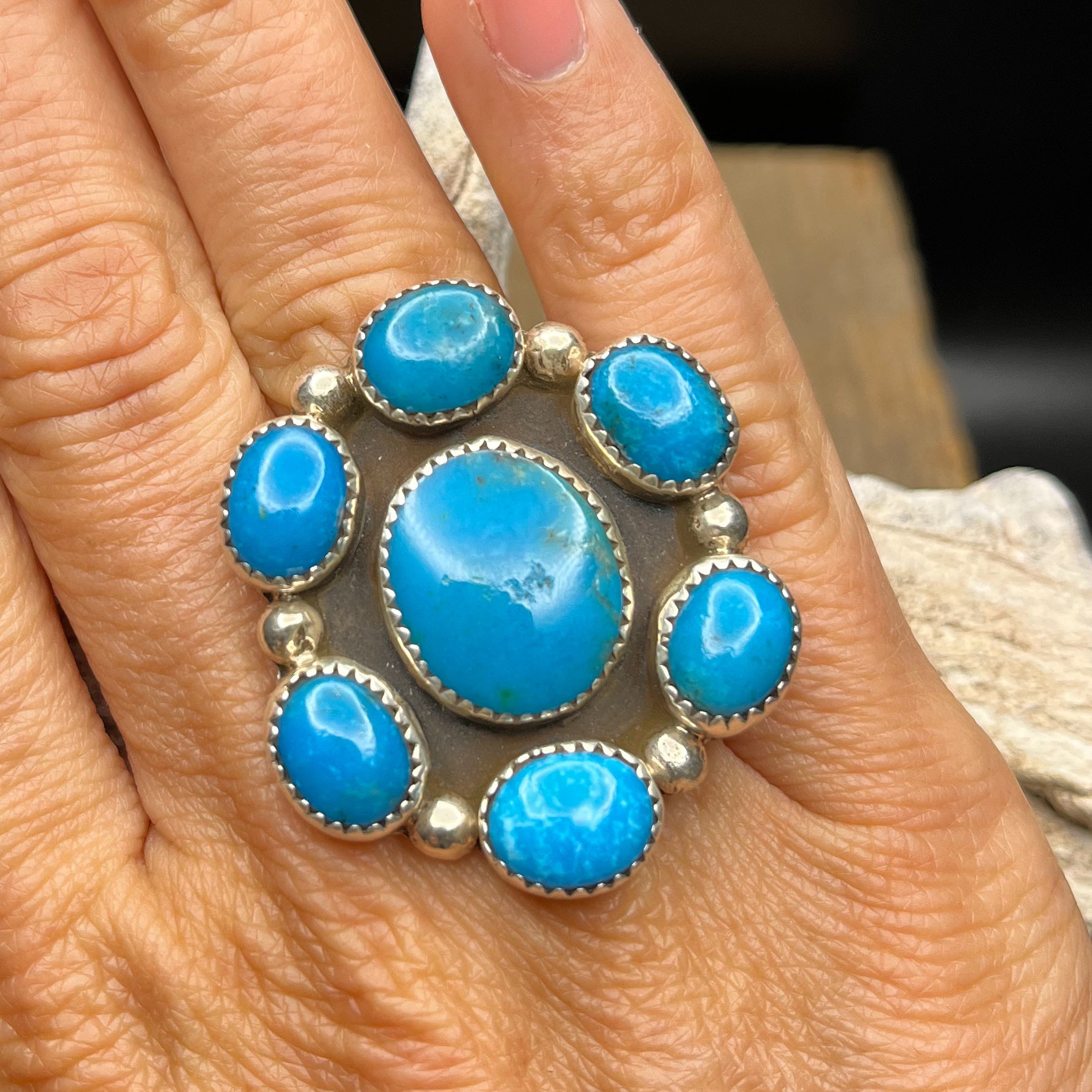 Authentic Native American Handmade Sterling Silver Turquoise Flower Cluster Ring Size 7 1/2.