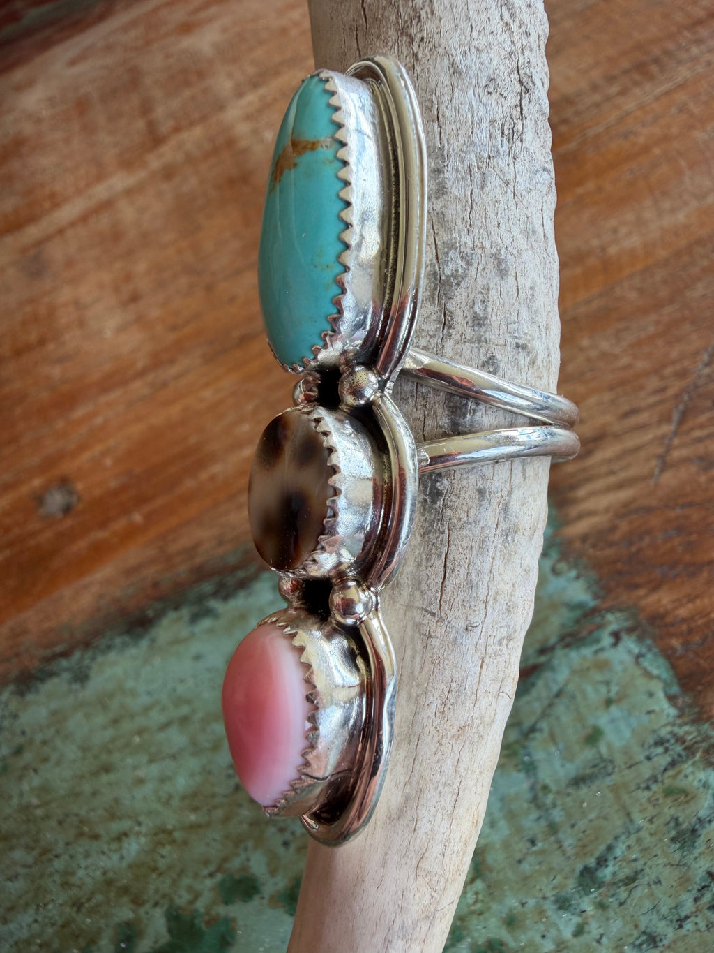 Native American Handmade Cowrie Shell-Conch-Turquoise Triple Stack Ring Size 7