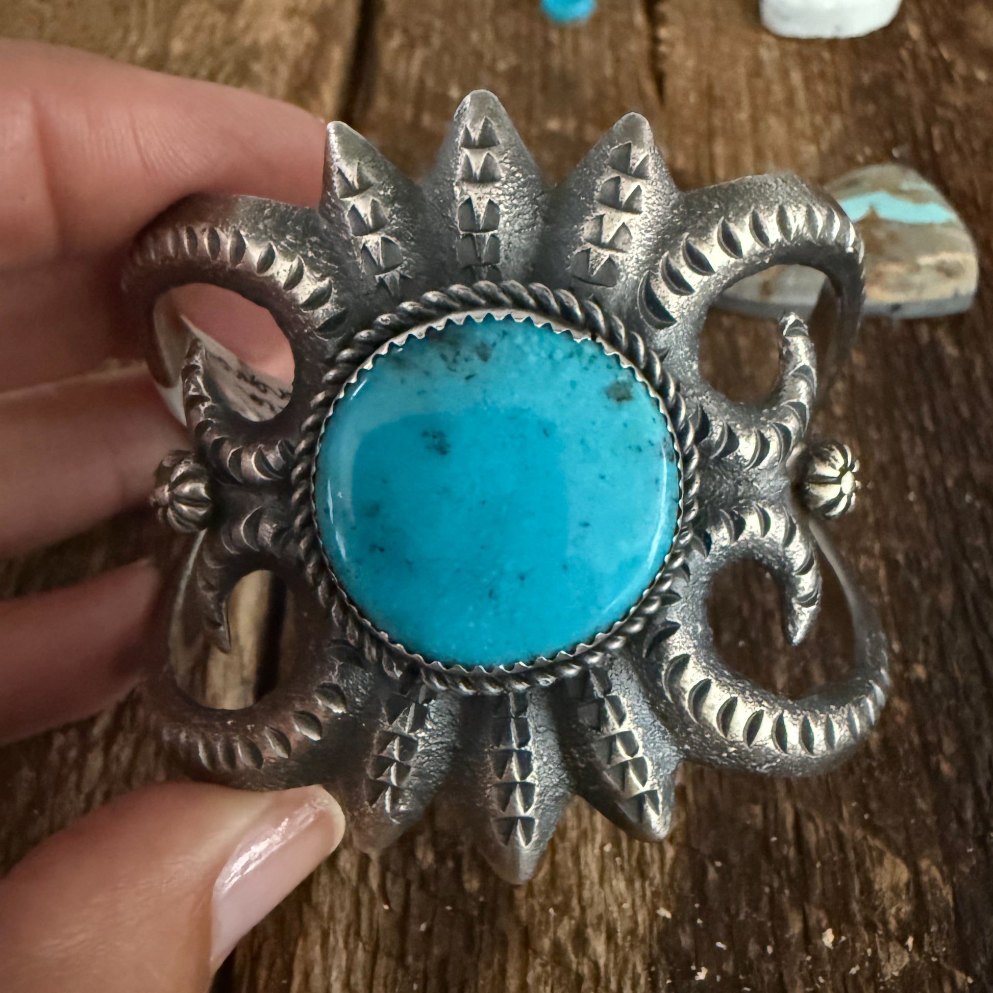 Authentic Native American Richard Yazza Tufa Cast Sterling Silver and Kingman Turquoise Cuff Bracelet