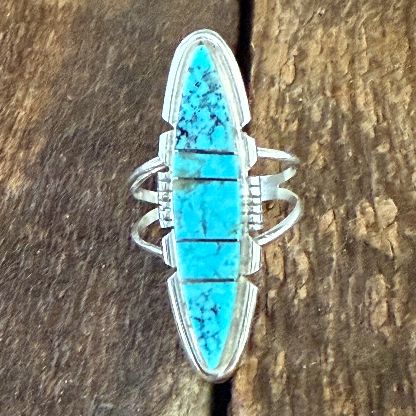 Authentic Native American Handmade Sterling Silver and Turquoise Inlay Ring