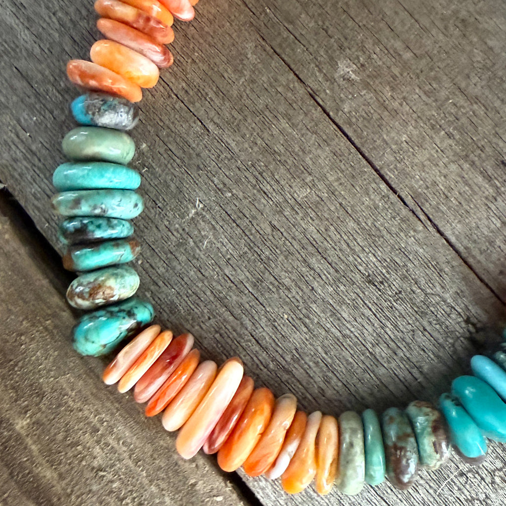 Authentic Native American Handmade Sterling Silver, Orange Spiny Oyster, and Turquoise           7 “ Bracelet.