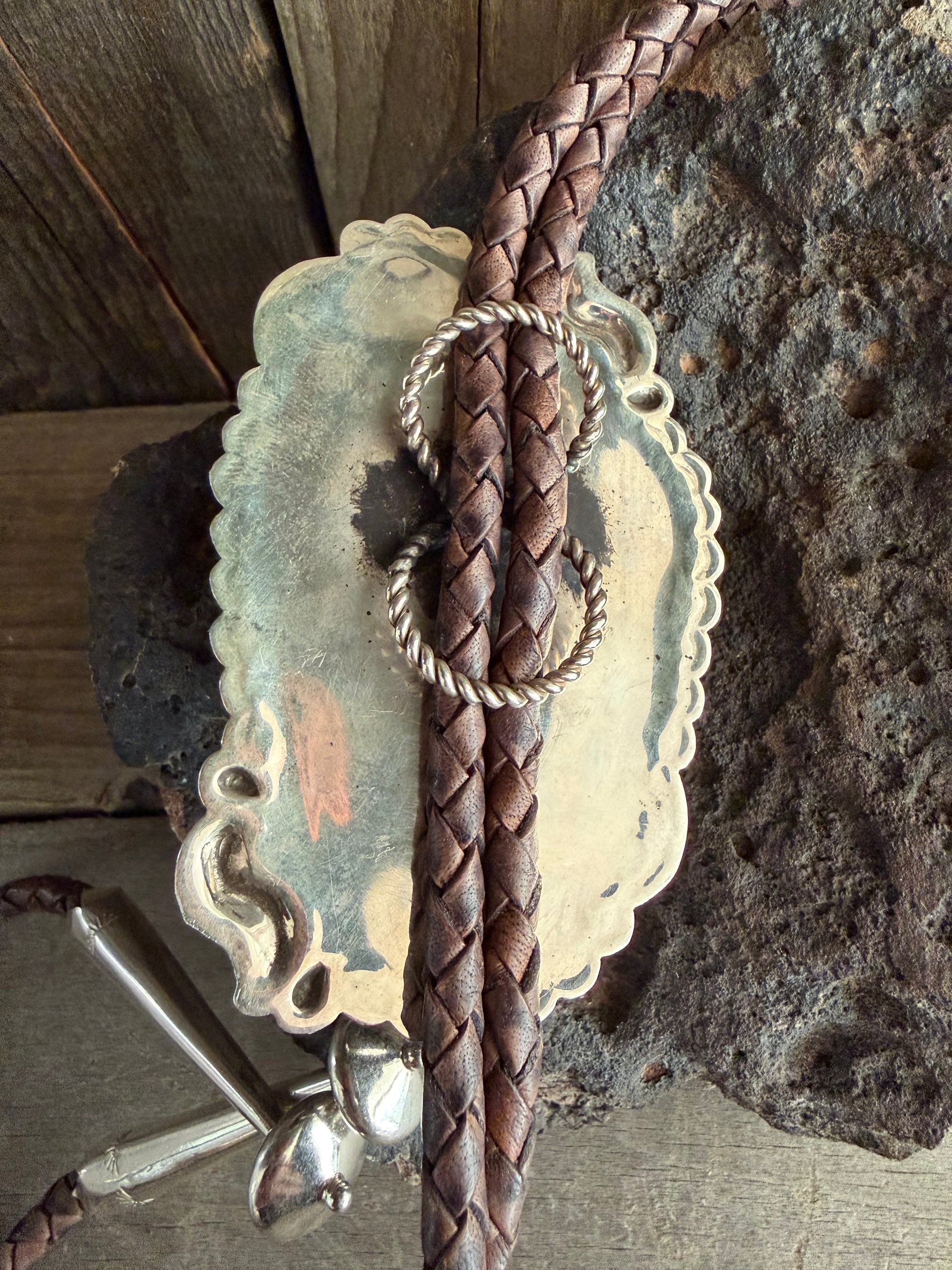 Native Randy Begay Handmade Sterling Silver Blue Lavender Large Bolo Tie 12MM Large Leather w/Large Sterling Tips.