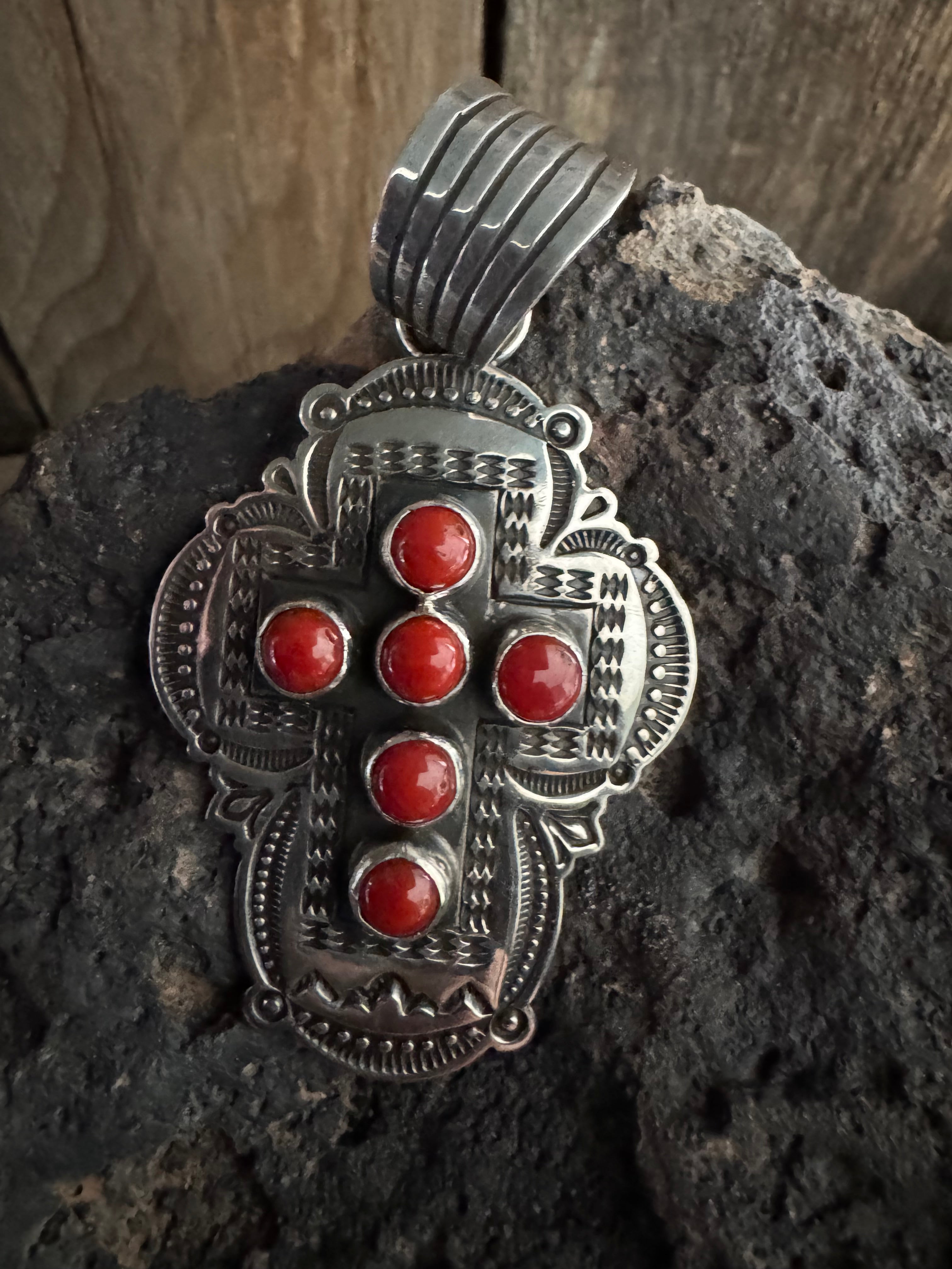 Copy) Albert Jake Handmade Sterling Silver Coral Cross Pendant