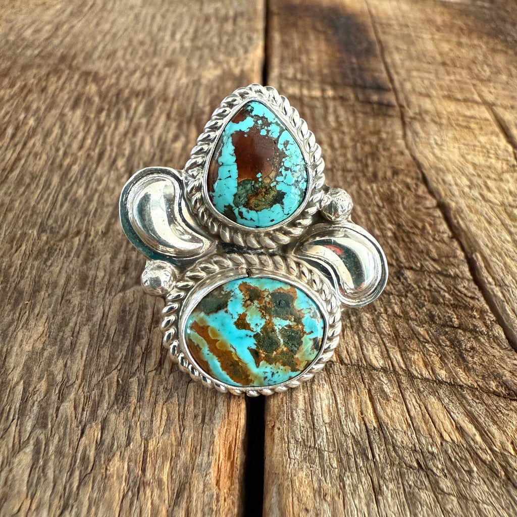 Authentic Native American Handmade Sterling Silver and Turquoise Double Stack Ring Size 7.