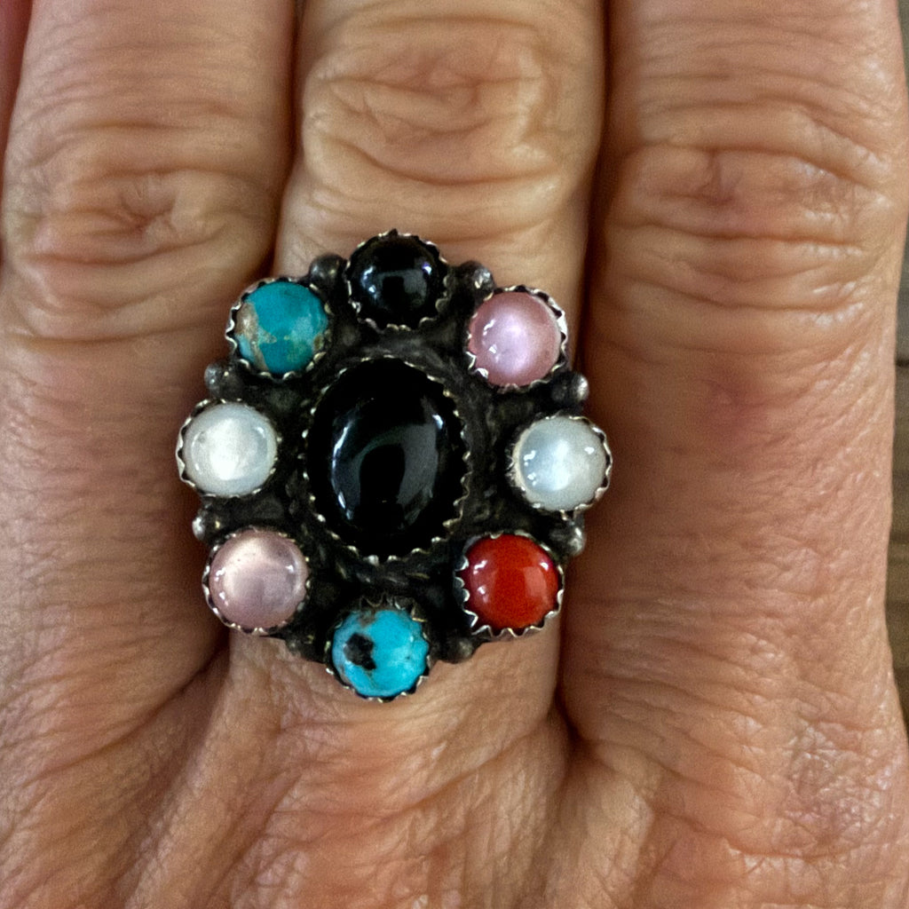 Authentic Native American Handmade Sterling Silver, Black Onyx, Turquoise, Moonstone, Coral, and Pink Moonstone Adjustable Ring.