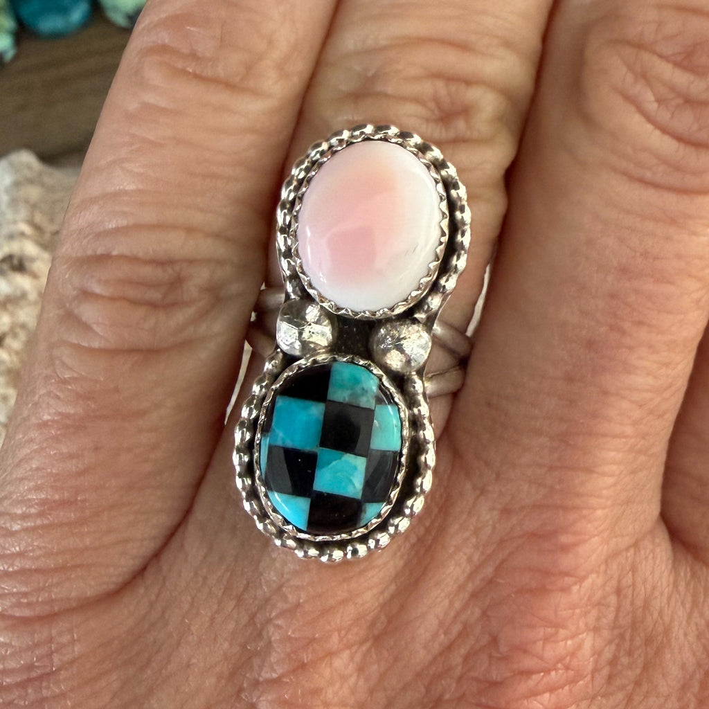 Authentic Native American Handmade Sterling Silver, Pink Conch, Black Onyx and Turquoise Ring size 6.