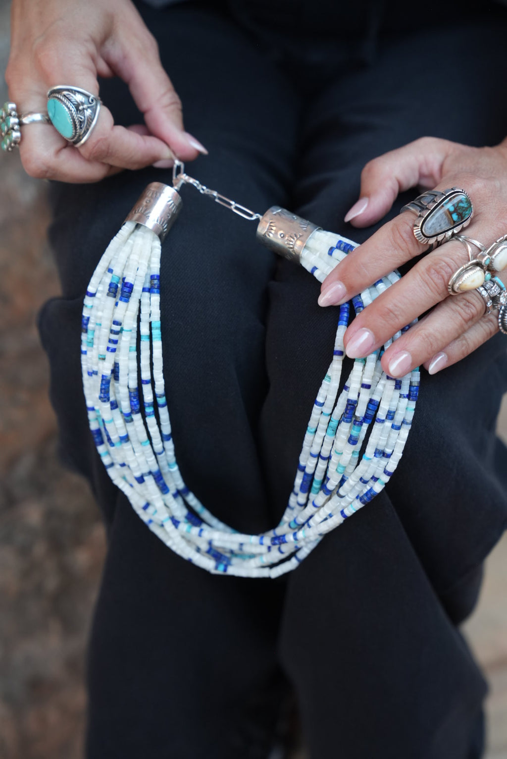 Authentic Native American Handmade Sterling Silver, Mother of Pearl,Lapis, and Kingman Turquoise ,Heishi Bead Necklace.