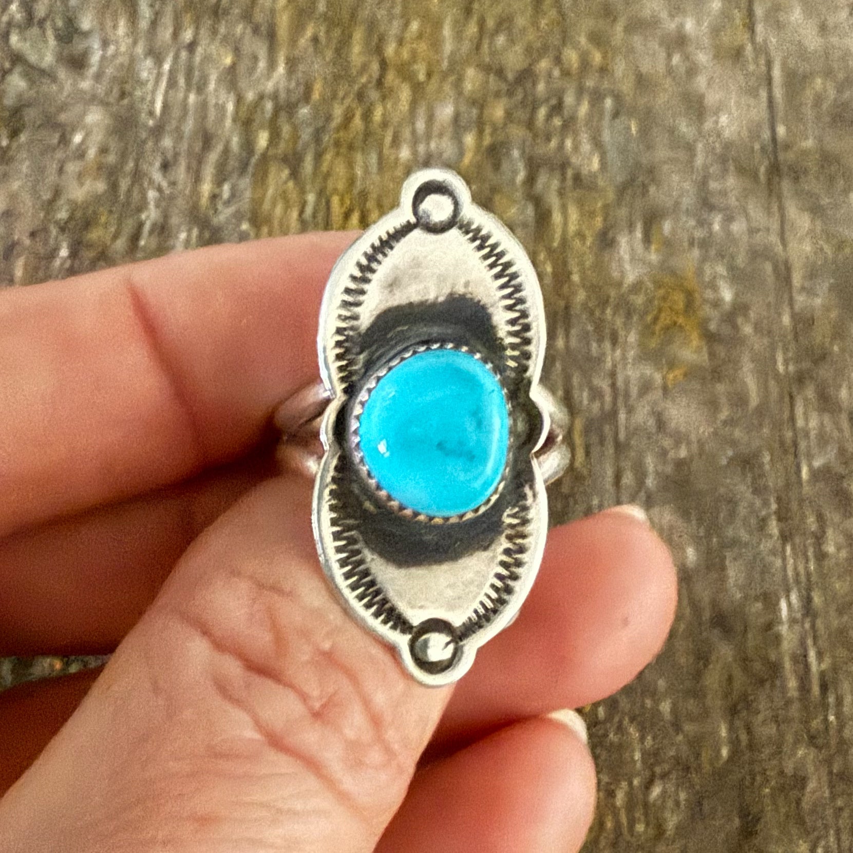 Authentic Native American Handmade Stamped Sterling Silver and Turquoise Ring Size 9.