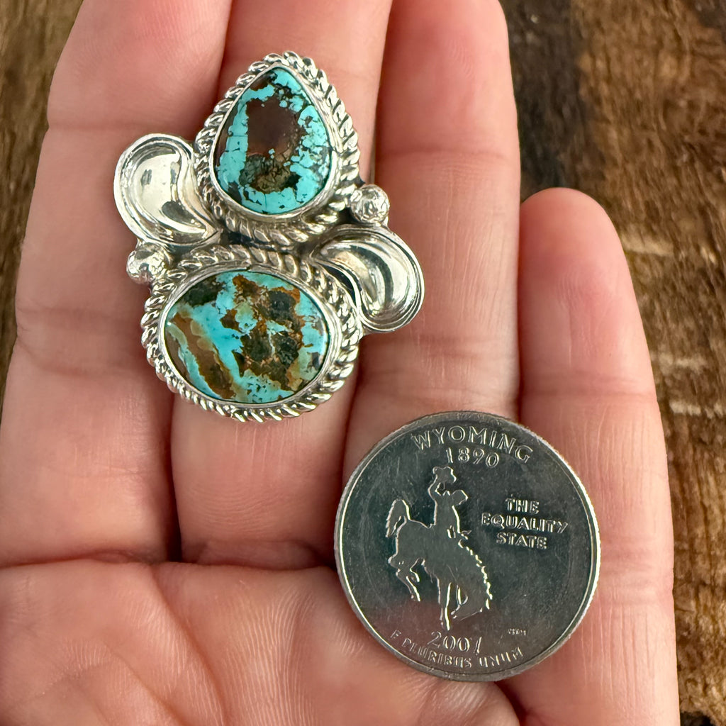 Authentic Native American Handmade Sterling Silver and Turquoise Double Stack Ring Size 7.