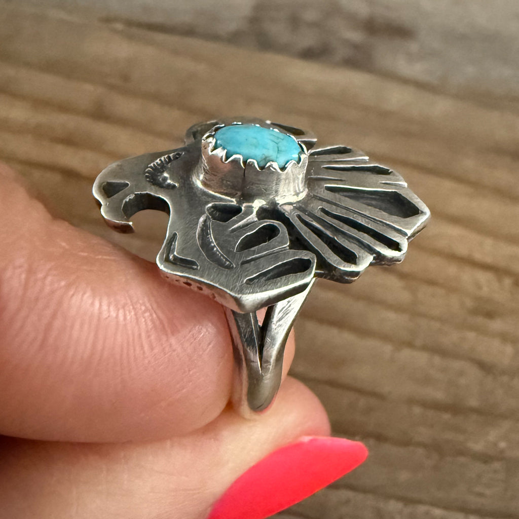 Authentic Native American Handmade Sterling Silver and Turquoise Thunderbird Ring size 5.