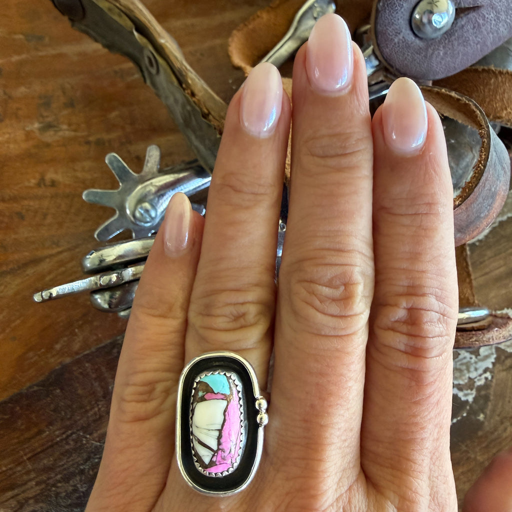 Authentic Native American Handmade Sterling Silver and Cotton Candy Ring size 7 1/4