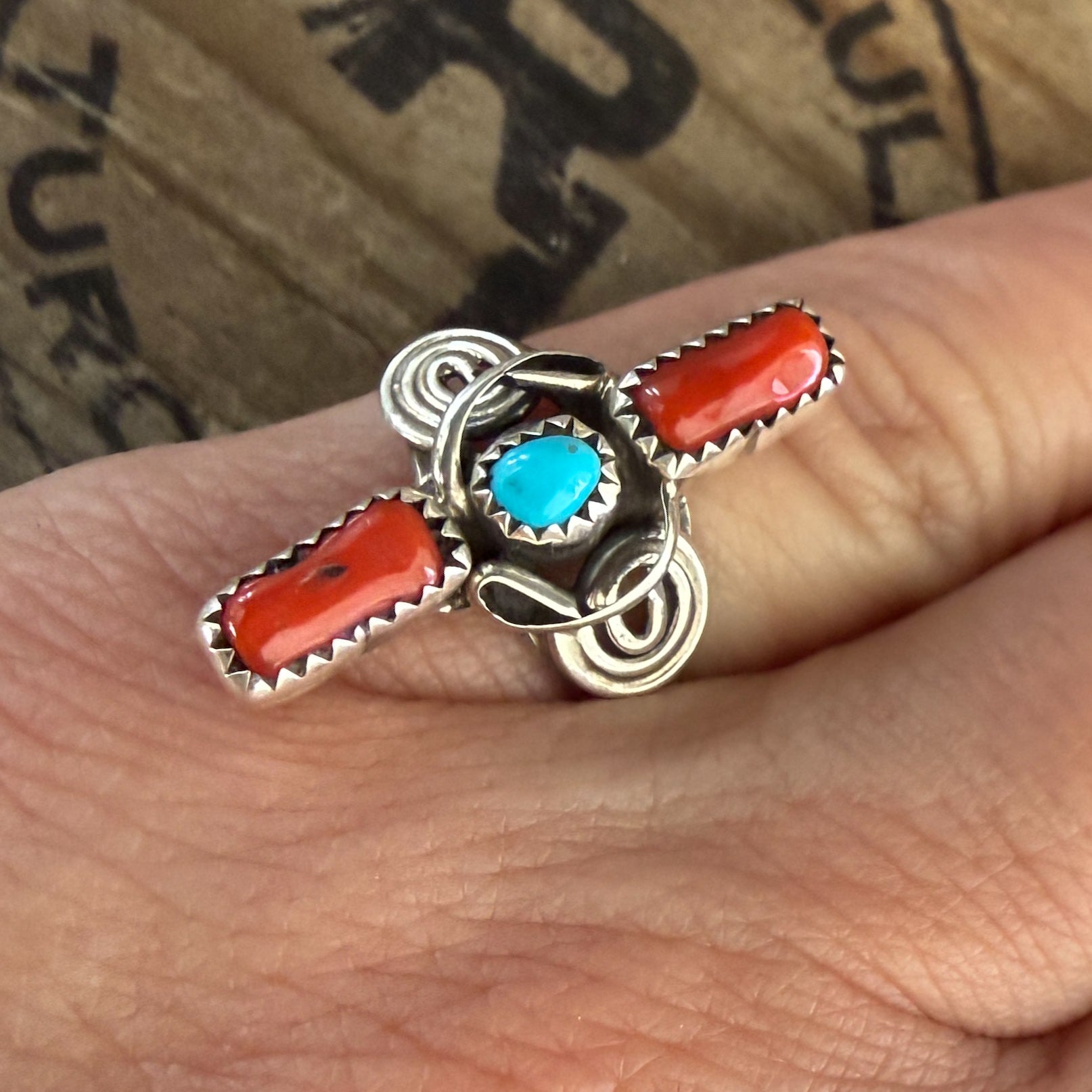 Authentic Native American Handmade Sterling Silver,Turquoise and Mediterranean Coral Ring size 5 1/2