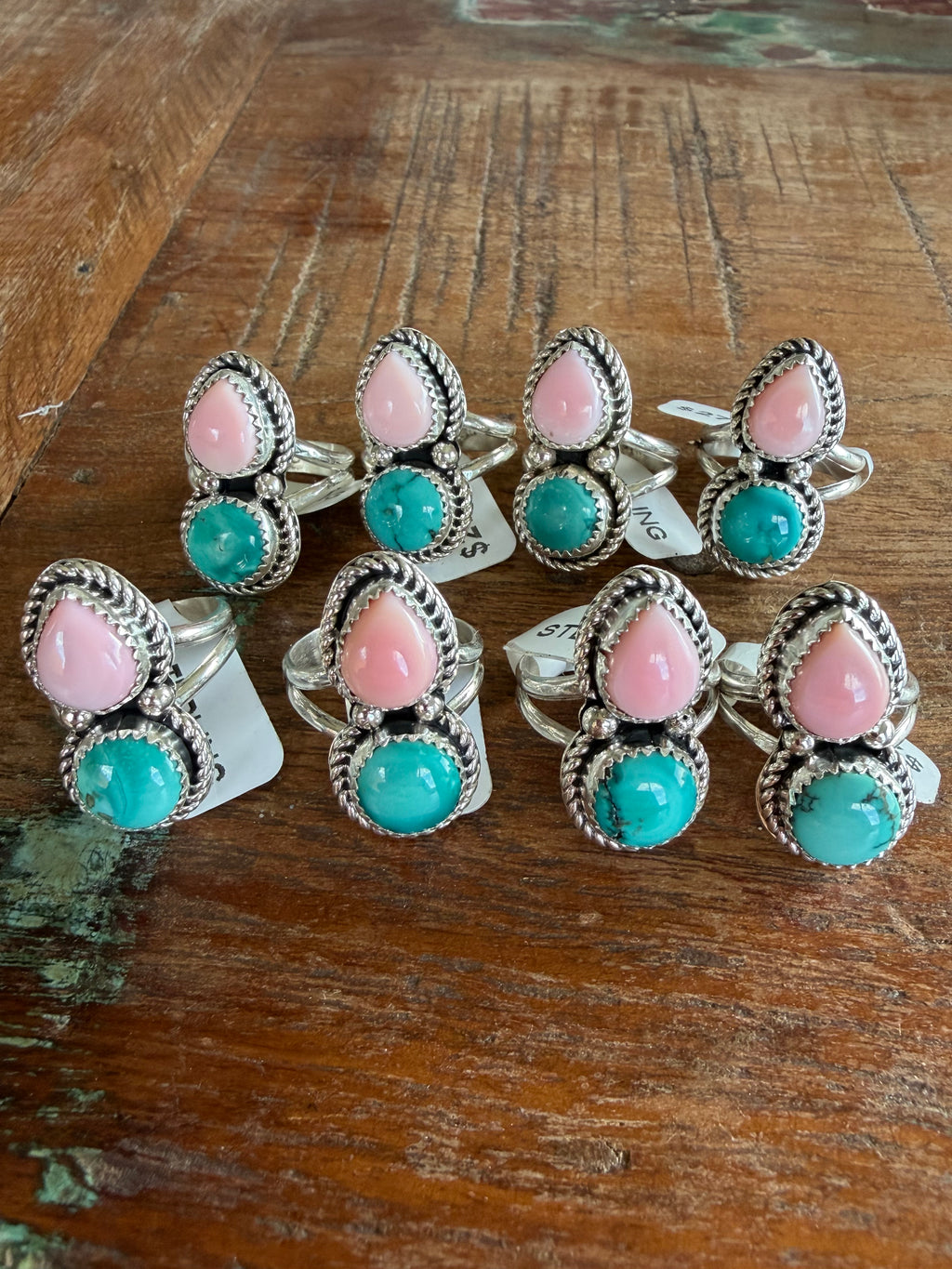 Native American Handmade Pink Conch-Turquoise Sterling Double Stack Ring