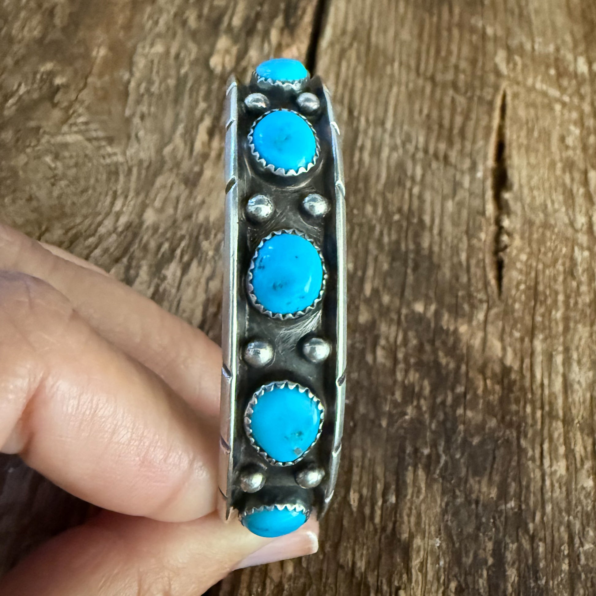Authentic Native American Handmade Sterling Silver and Turquoise cuff bracelet.