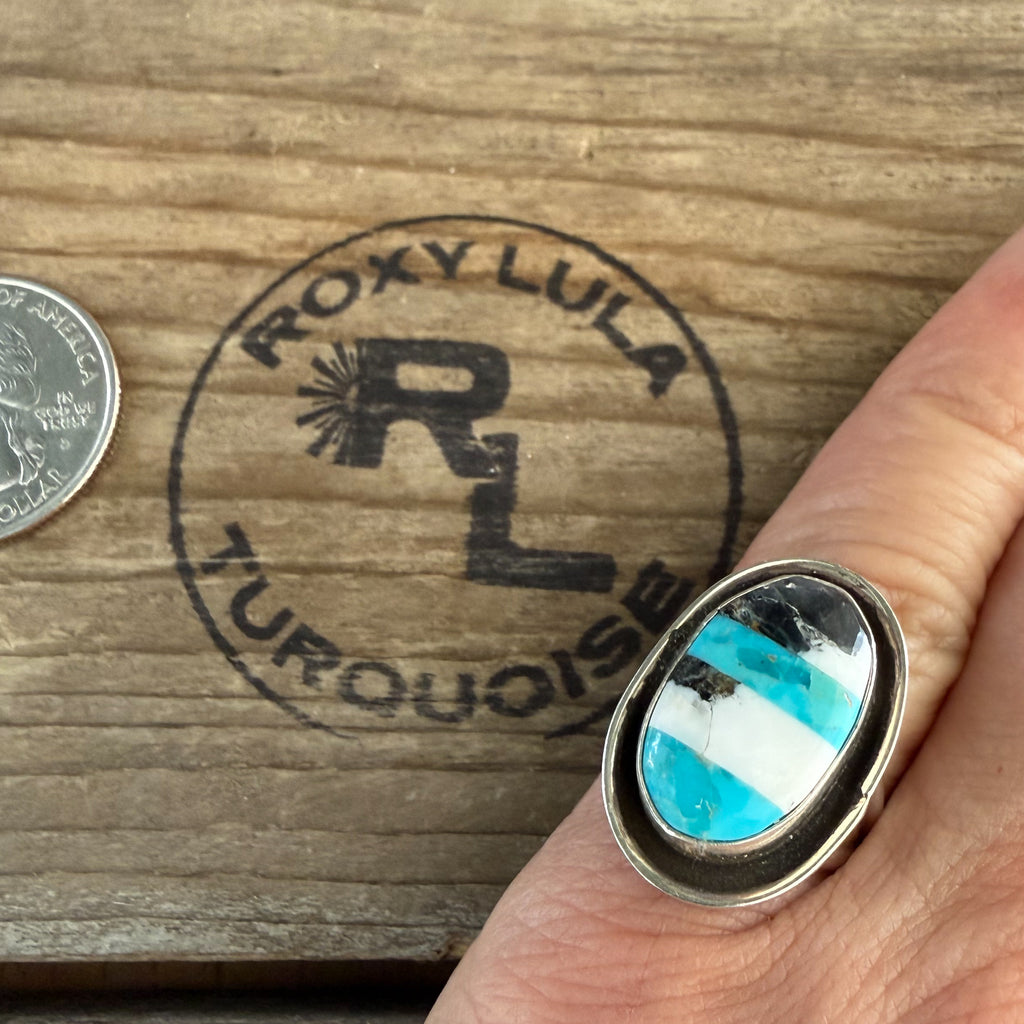 Authentic Native American Handmade Sterling Silver, Turquoise, and White Buffalo Ring size 5 1/2