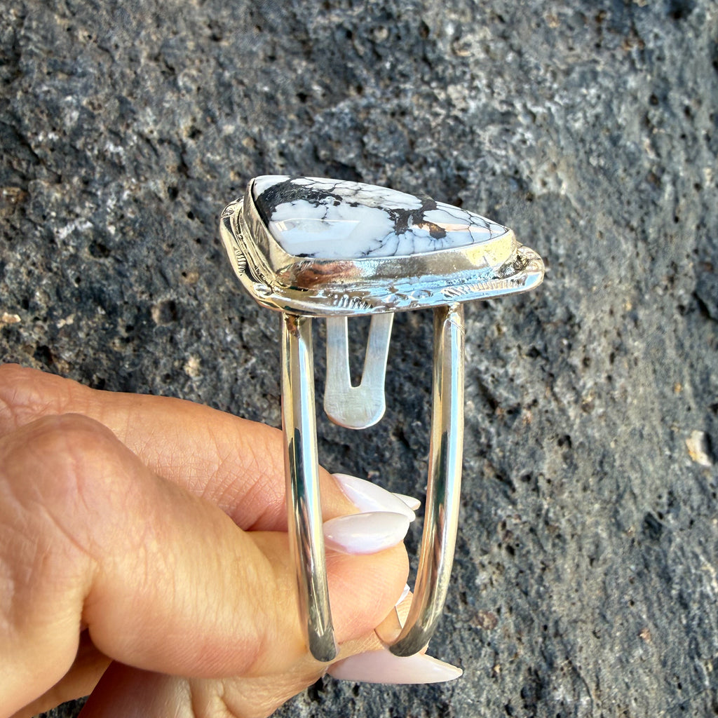 Authentic Native American Handmade Sterling Silver and White Buffalo Cuff Bracelet