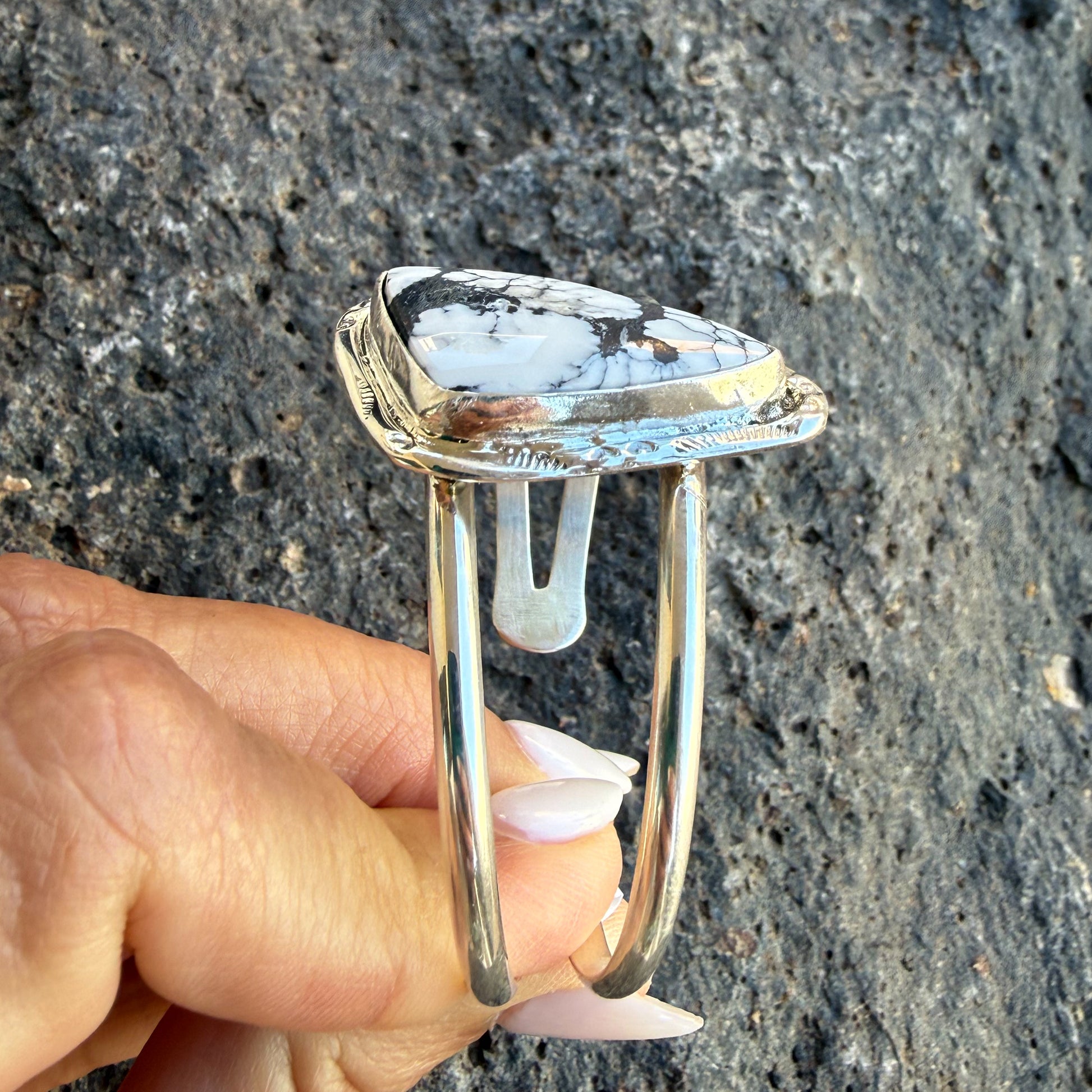 Authentic Native American Handmade Sterling Silver and White Buffalo Cuff Bracelet