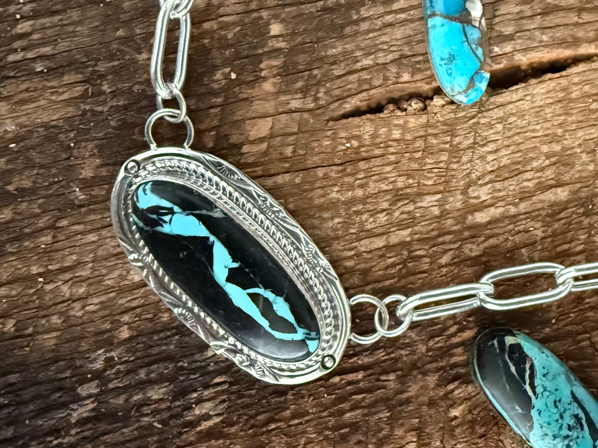 Authentic Native American Handmade Sterling Silver and Black Jack Turquoise Necklace