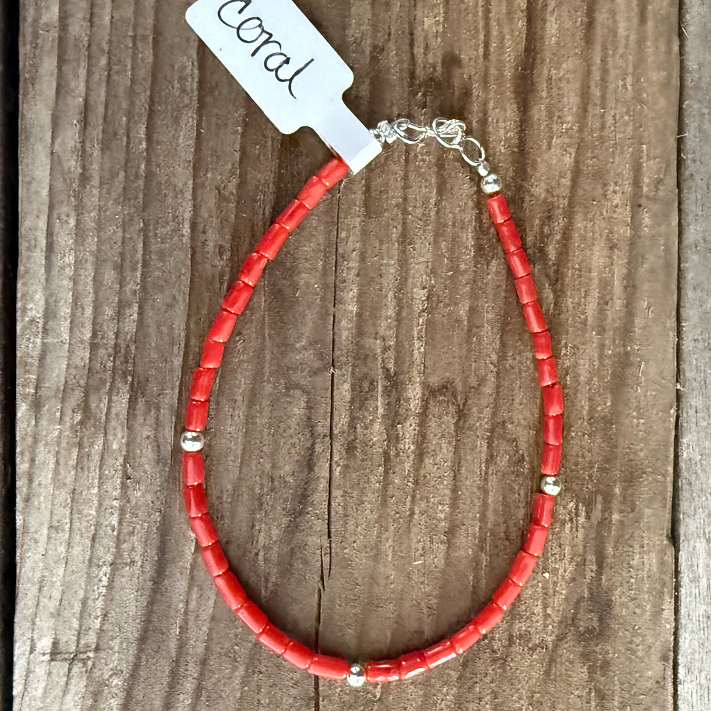 Authentic Native American Handmade Sterling Silver and Coral   Heishi Bead Bracelet size 7.25.