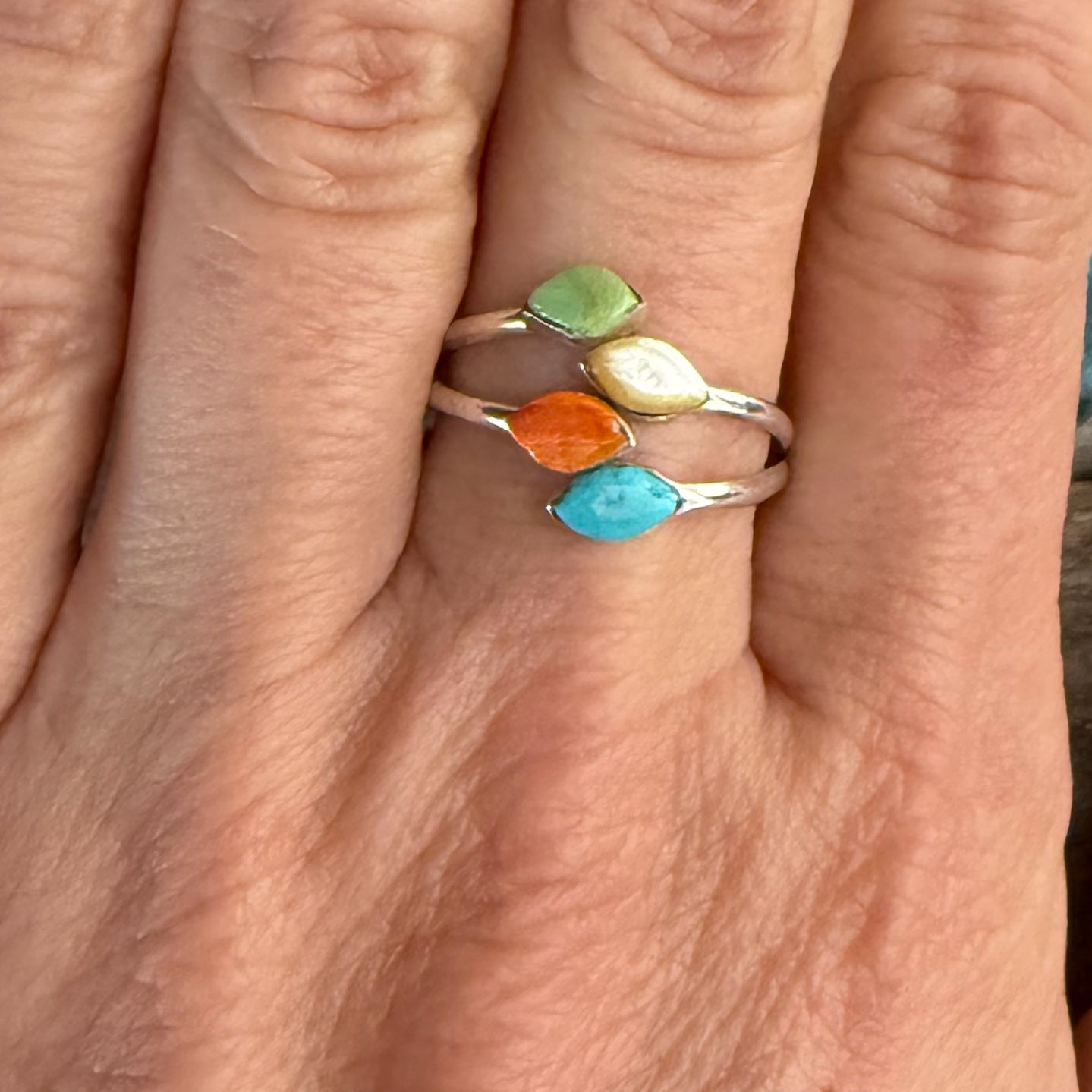 Authentic Native American Handmade Sterling Silver Adjustable Ring with Turquoise, Spiny Oyster,Serpetine, and Chrysoprase.