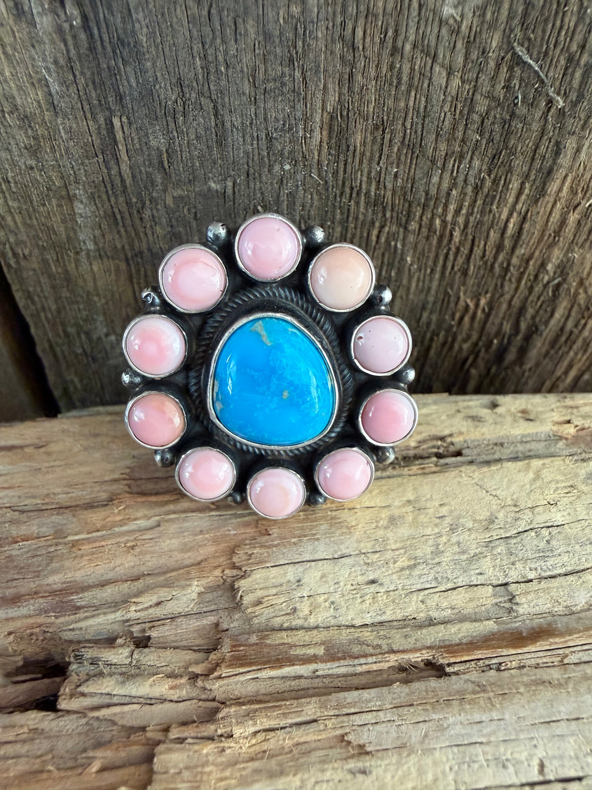 Native American Leon Martinez Handmade Pink Conch-Turquoise Cluster Adjustable Ring 🇺🇸