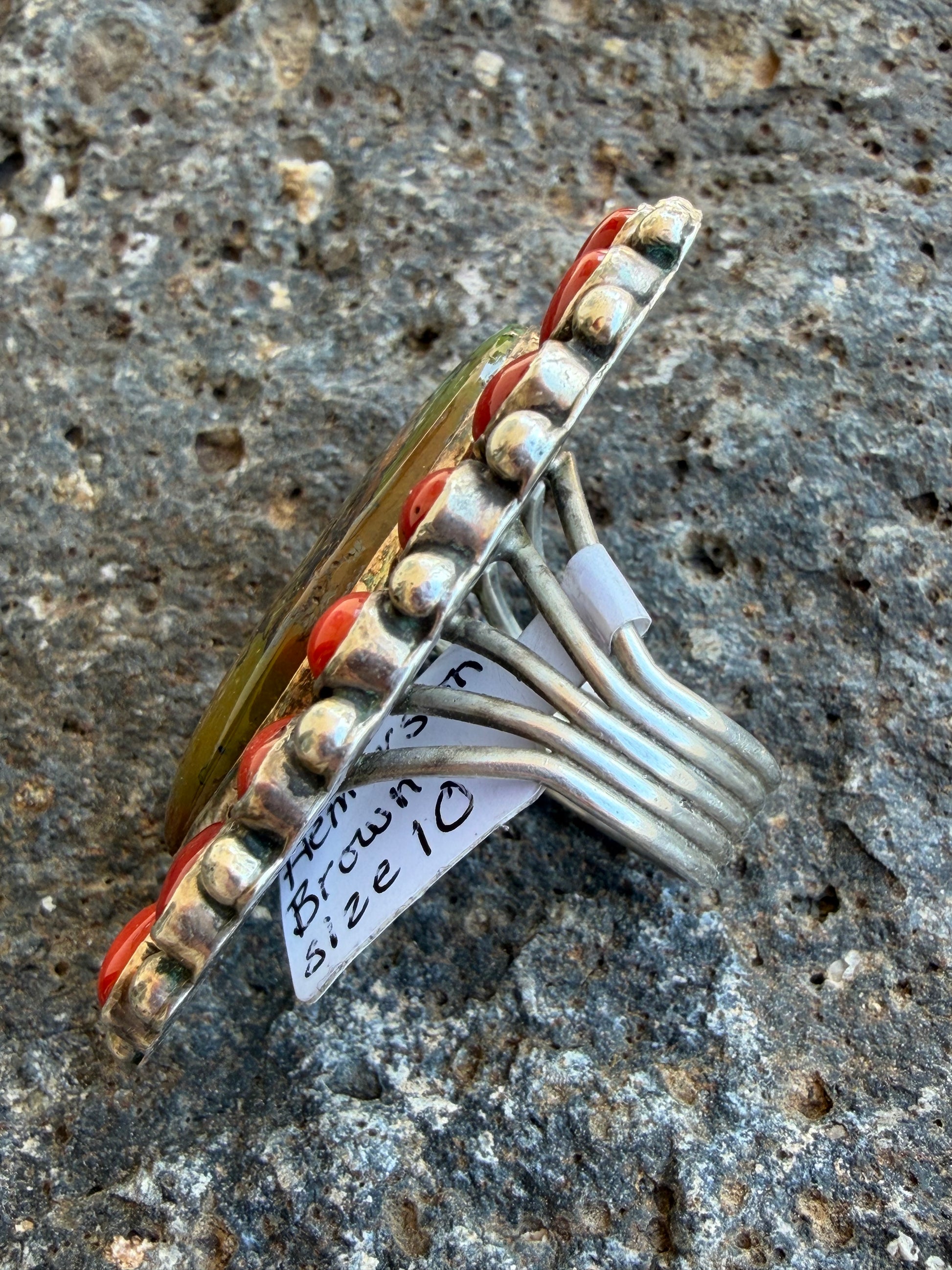 Native American Hemerson Brown Handmade Sterling Silver Coral-Royston Turquoise Ring Size 10