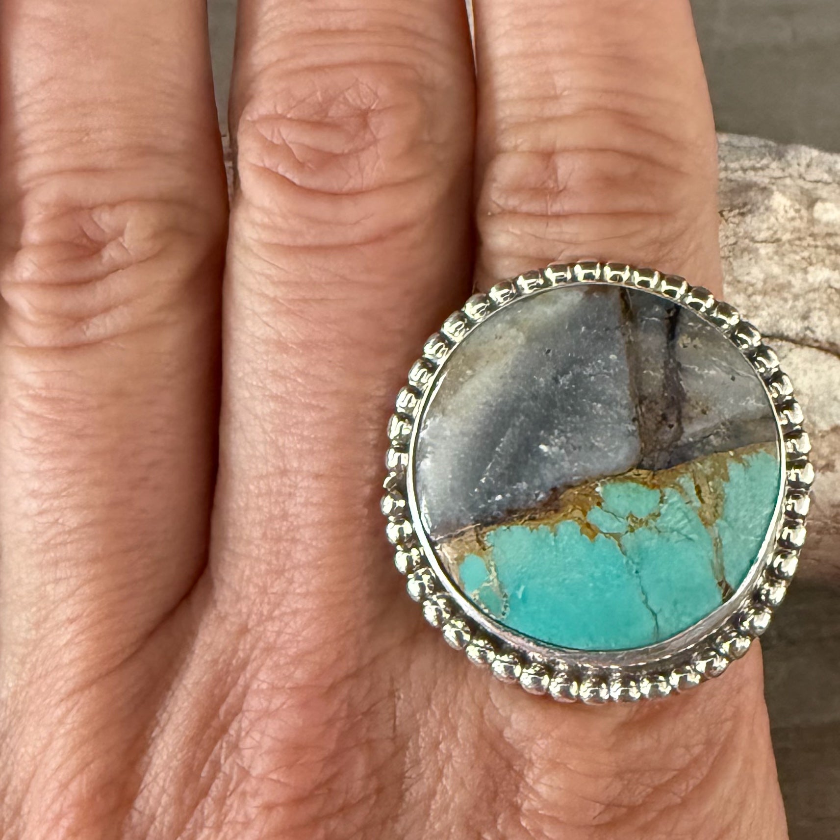 Authentic Native American Handmade Sterling Silver and Turquoise Ring size 8 3/4.