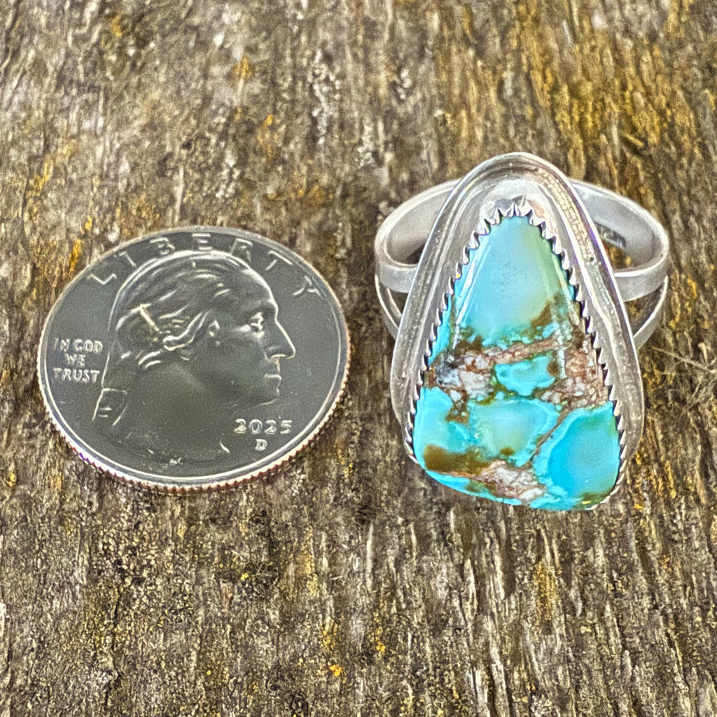 Authentic Native American Handmade Sterling Silver and Kingman Turquoise Web Ring Size 10.