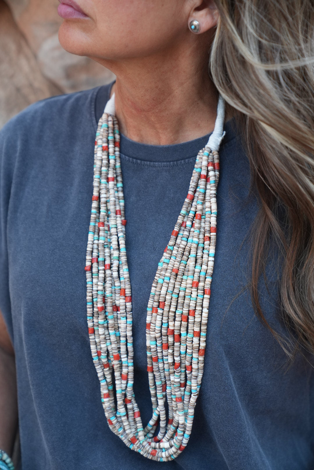 Native American Marquez Tachiini Handmade Olive Shell Heishi, Kingman,Mediterranean Coral Necklace