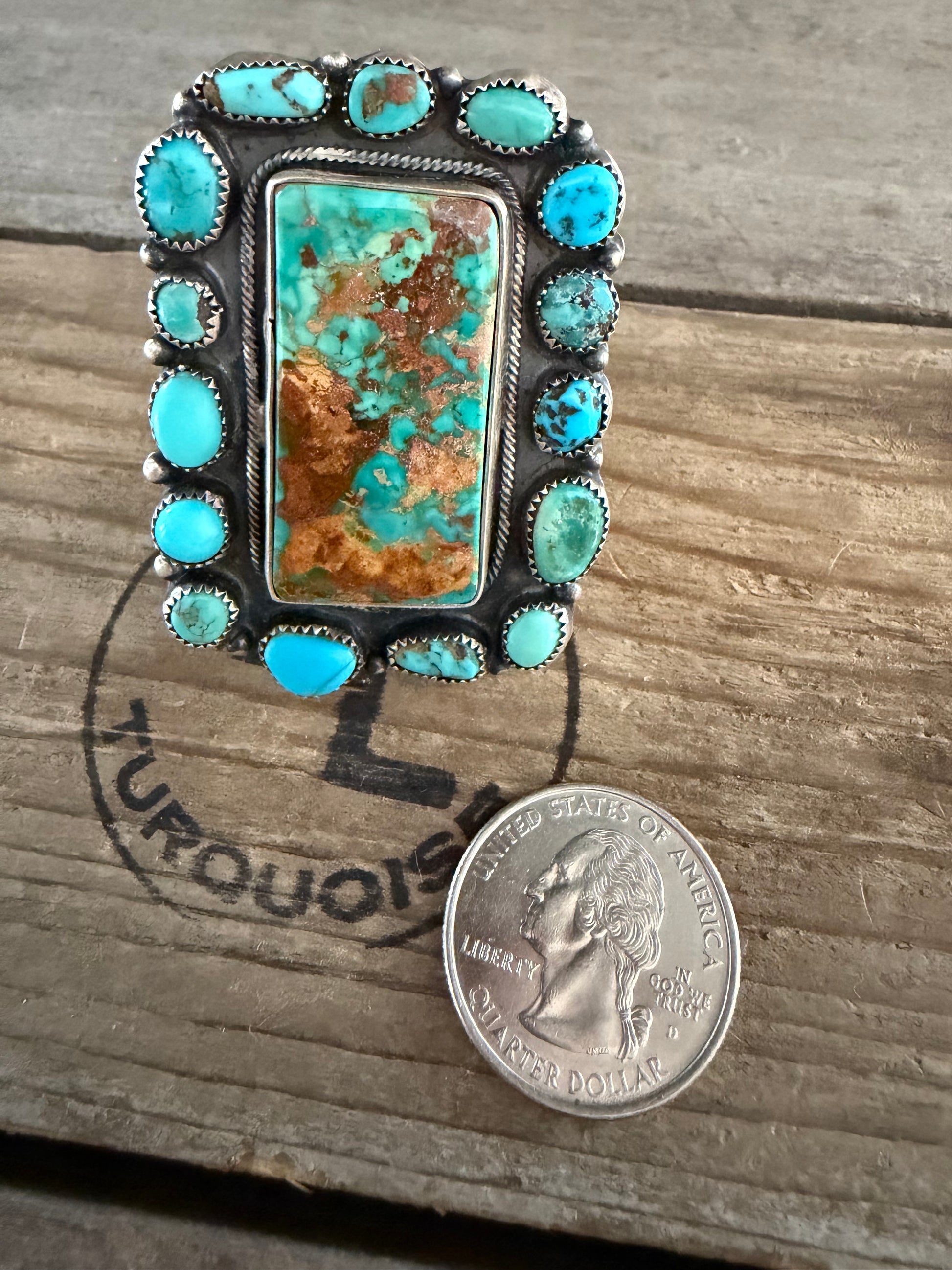 Native American Handmade Custom Silver Large Cluster Turquoise (Adjustable)