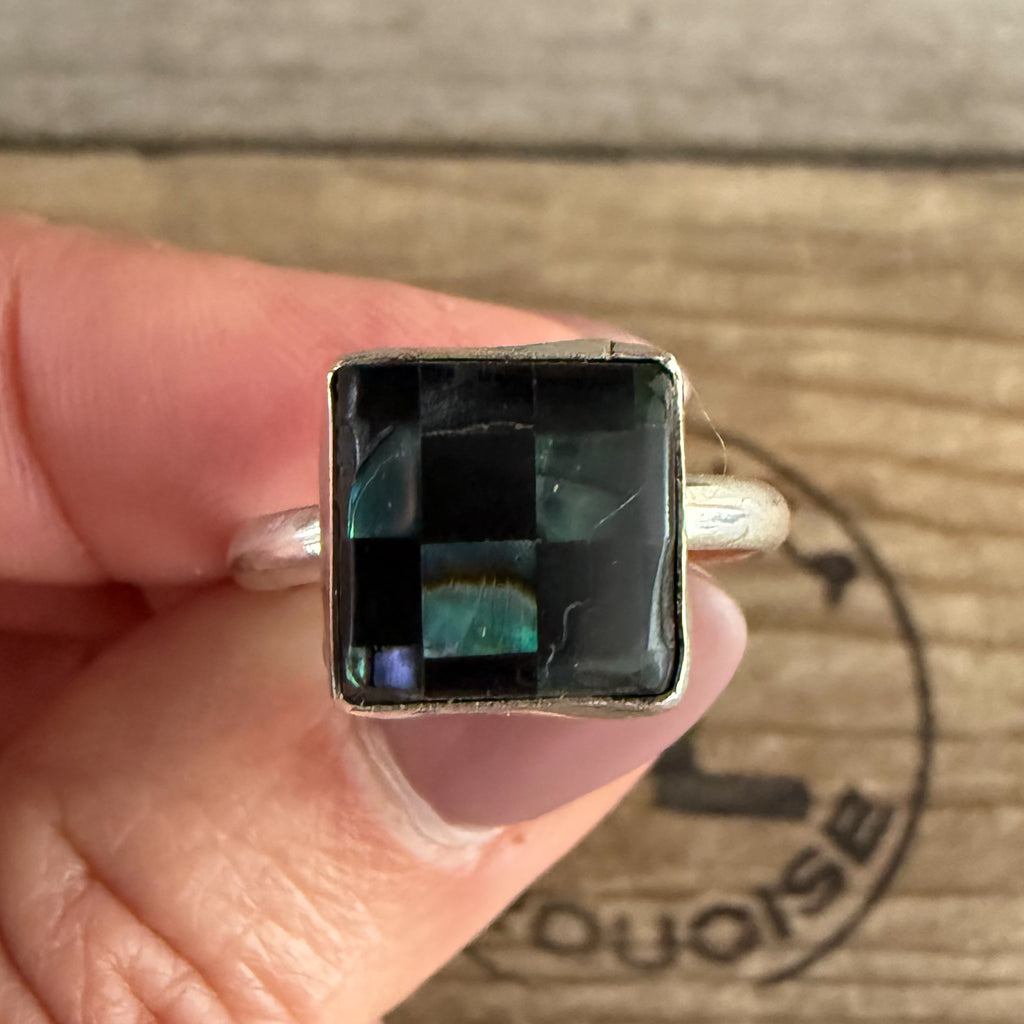 Authentic Native American Handmade Sterling Silver, Black Onyx, and Abalone shell Checkered Ring size 9 3/4