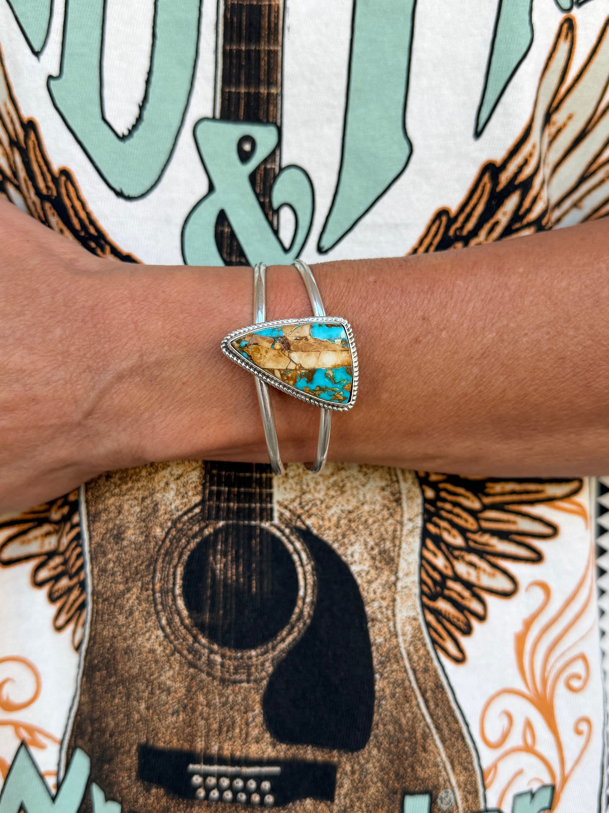 Native American Jennifer Begay Handmade Sterling Silver-Royston Ribbon Turquoise Bracelet-Cuff (Women’s)