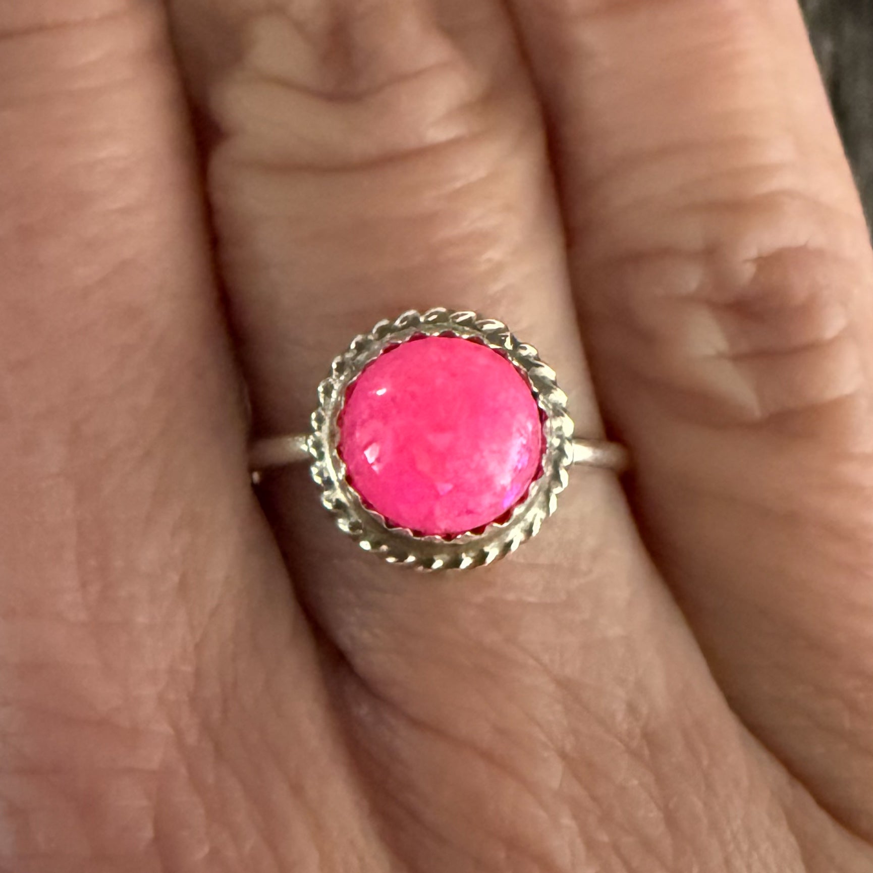 Authentic Native American Handmade Sterling Silver and Hot Pink Opal Ring size 8.