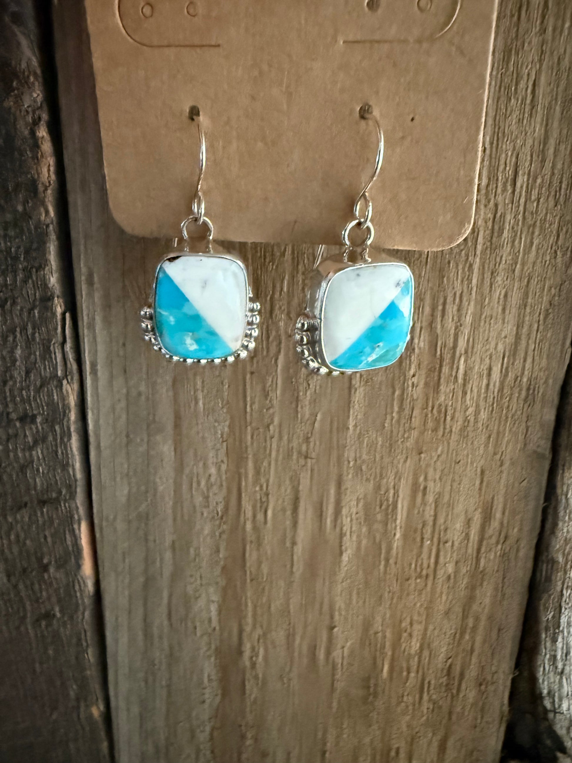 Authentic Native American Handmade Sterling Silver, White Buffalo and Turquoise Dangle Earrings