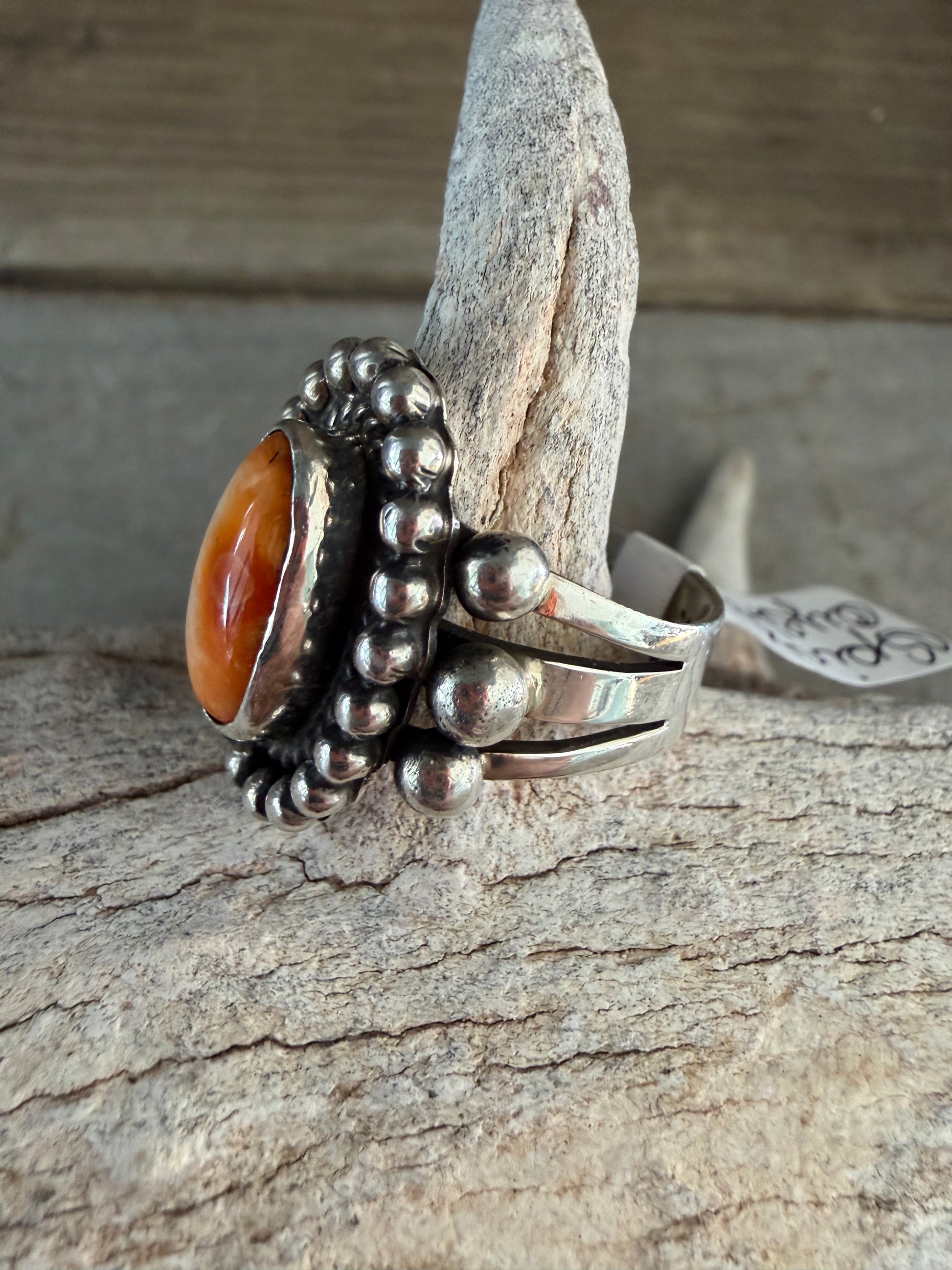 Native American Linda Yazzie Handmade Sterling Silver-Spiny Oyster Ring Size 7.75