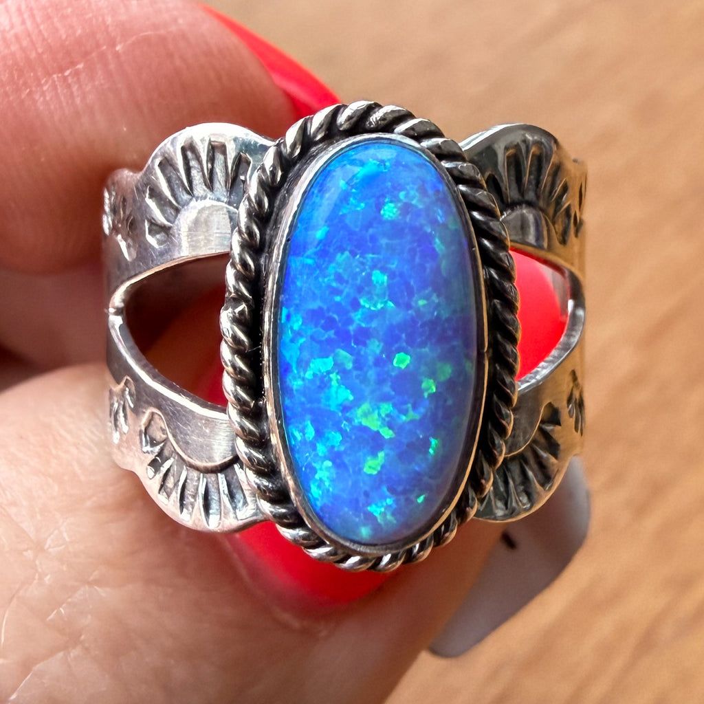 Authentic Native American Handmade Stamped Sterling Silver and Opal Ring size 6 1/4.