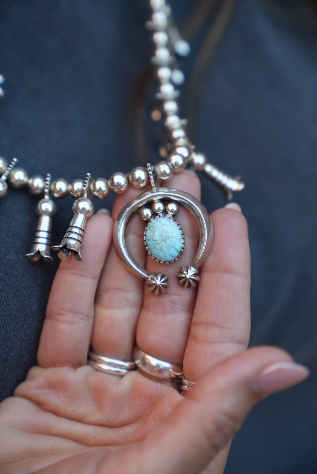 Native American Trent Lee Handmade Sterling Silver Number 8 Turquoise Squash Blossom with matching Earrings