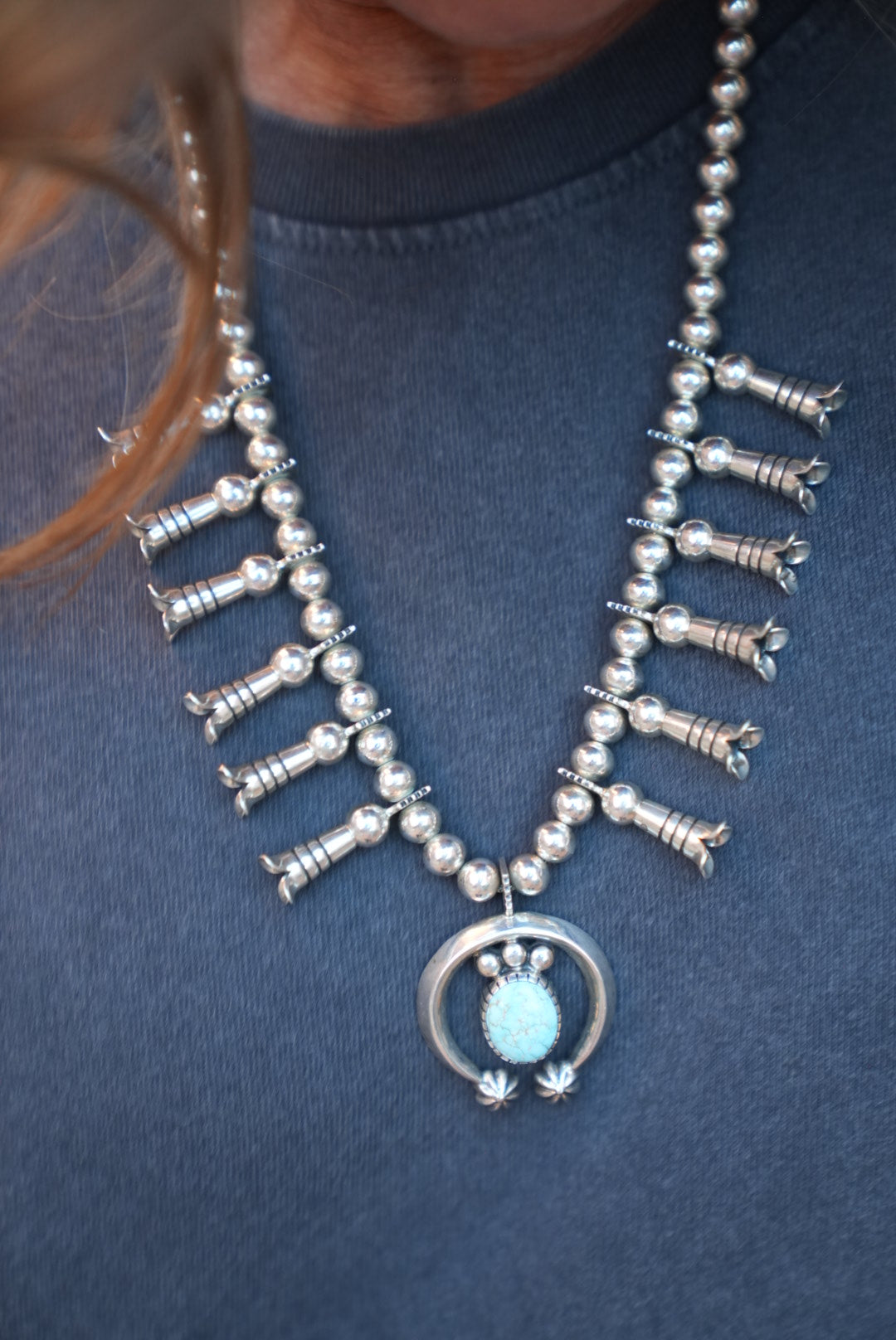 Native American Trent Lee Handmade Sterling Silver Number 8 Turquoise Squash Blossom with matching Earrings