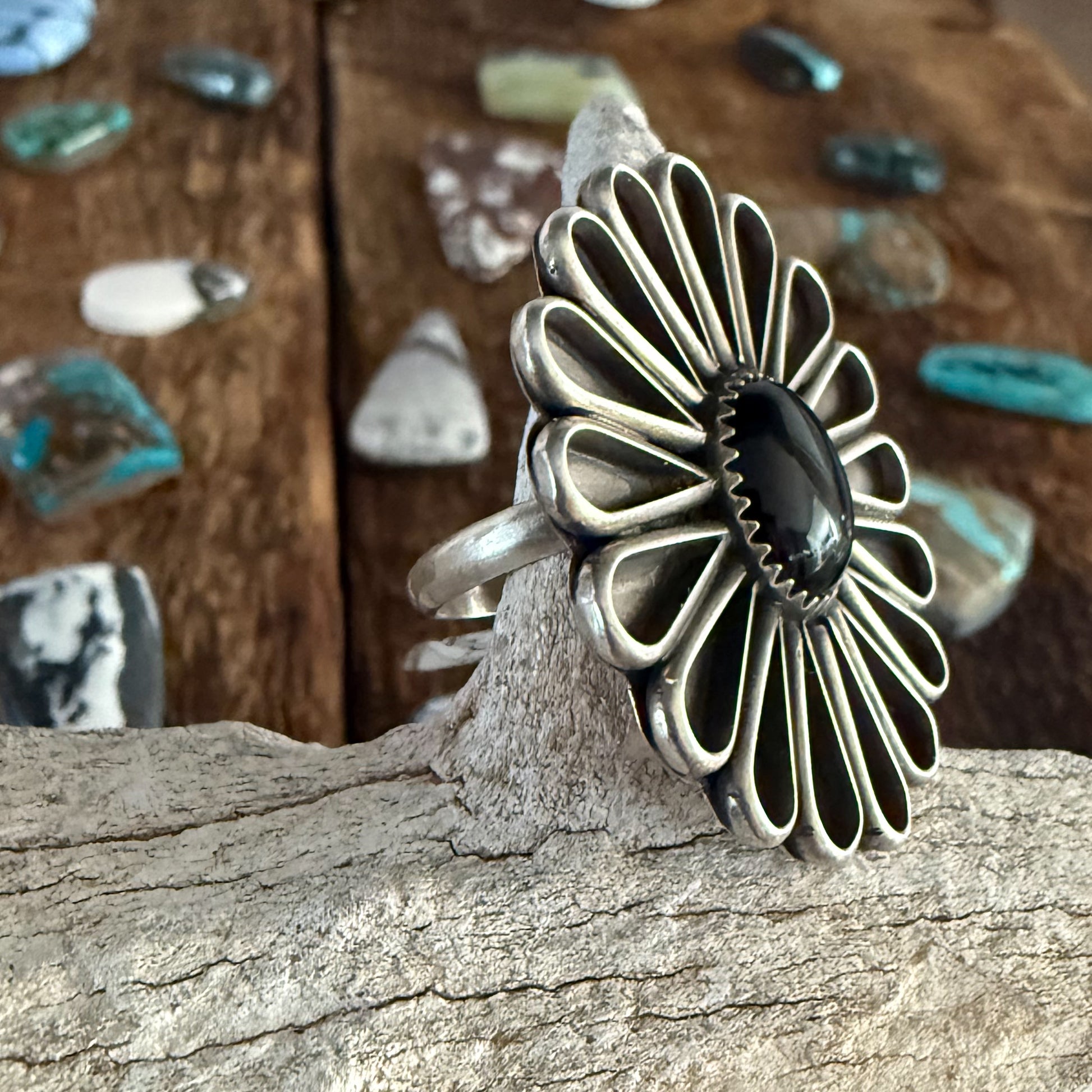 Authentic Native American Handmade Burnished Sterling Silver and Black Onyx Flower Adjustable Ring.