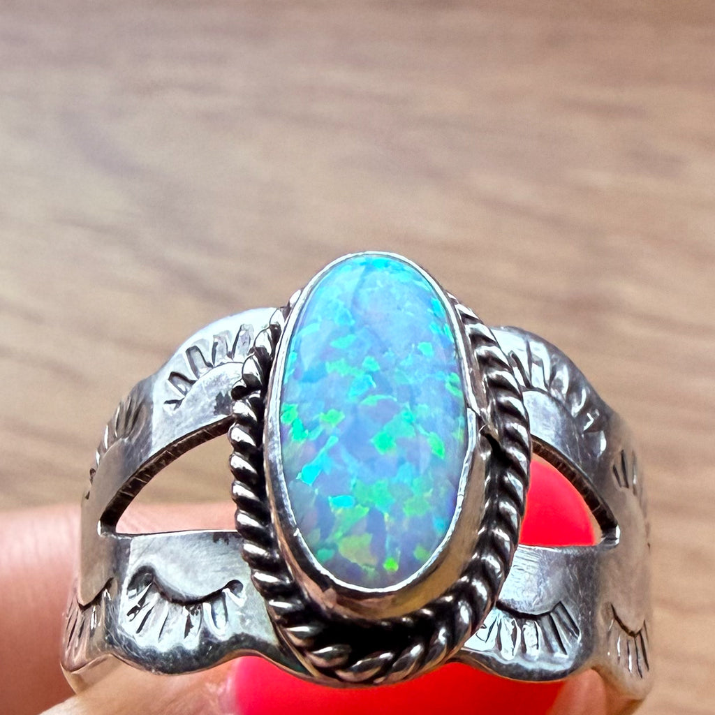 Authentic Native American Handmade Stamped Sterling Silver and Opal Ring size 10.