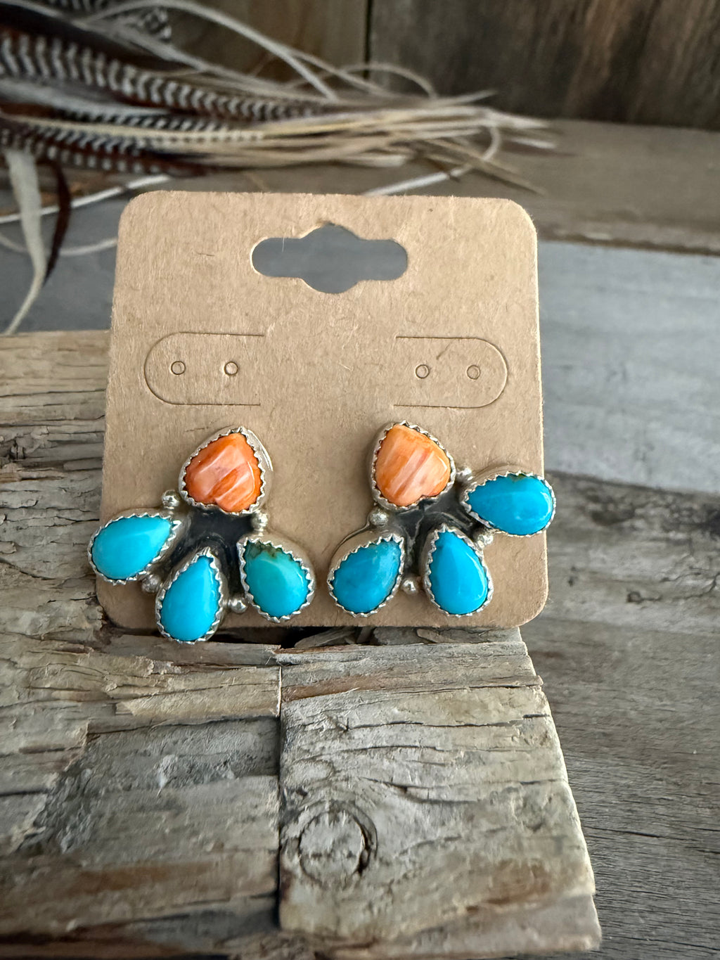 Authentic Native American Handmade Sterling Silver, Spiny Oyster, and Turquoise Earrings