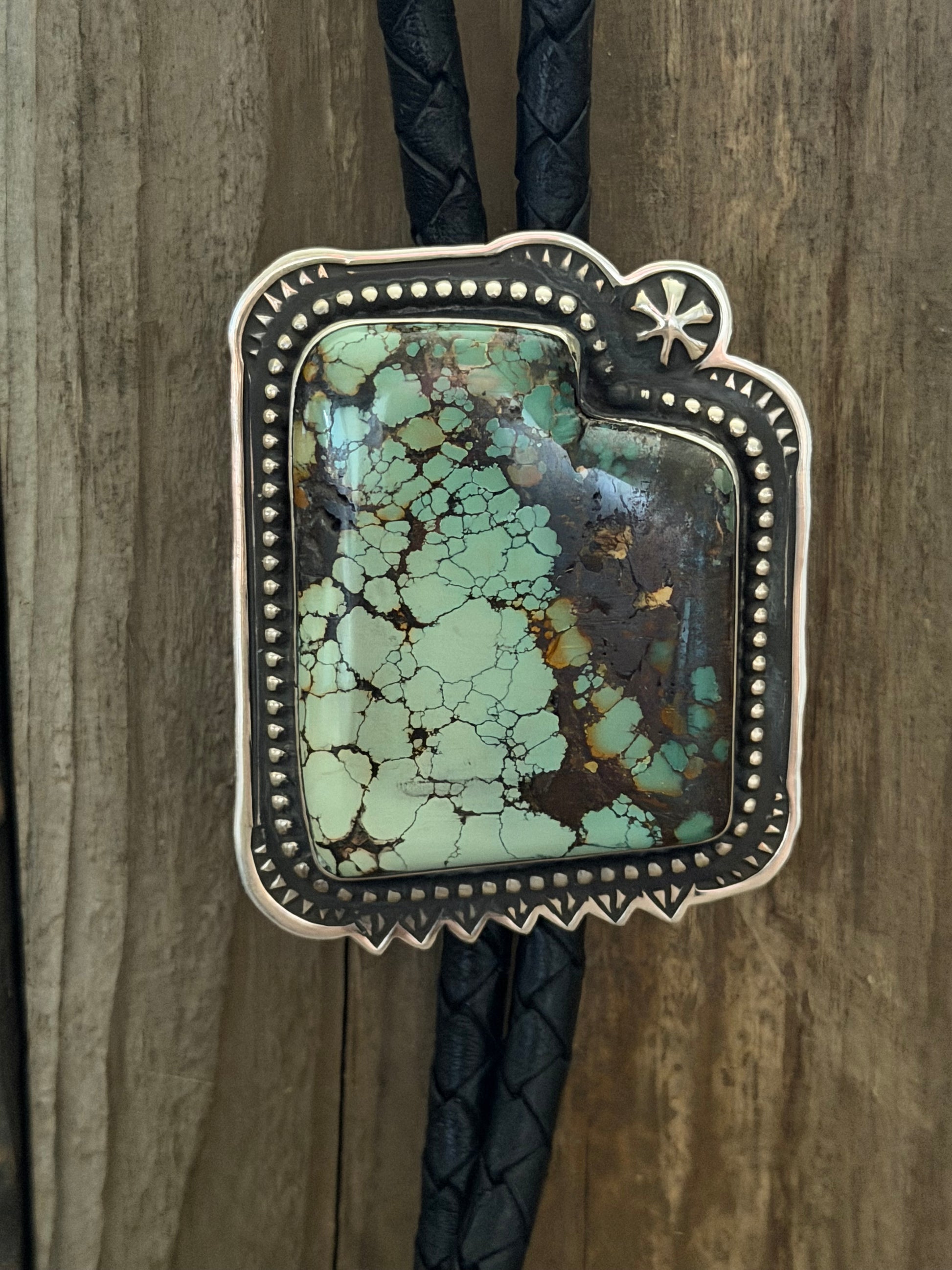 Native American Randy Begay Utah Hubei Turquoise and Silver Handmade Turquoise Bolo Tie